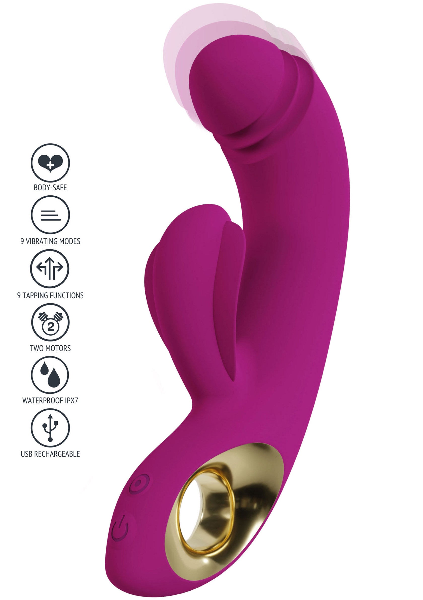 Vibromasseur double moteur rechargeable USB étanche IPX7, avec 9 modes et fonctions de vibration.; Waterdichte IPX7 USB oplaadbare dual-motor vibrator met 9 vibratiestanden en -functies.; Waterproof IPX7 USB rechargeable dual-motor vibrator with 9 vibrating modes and functions.