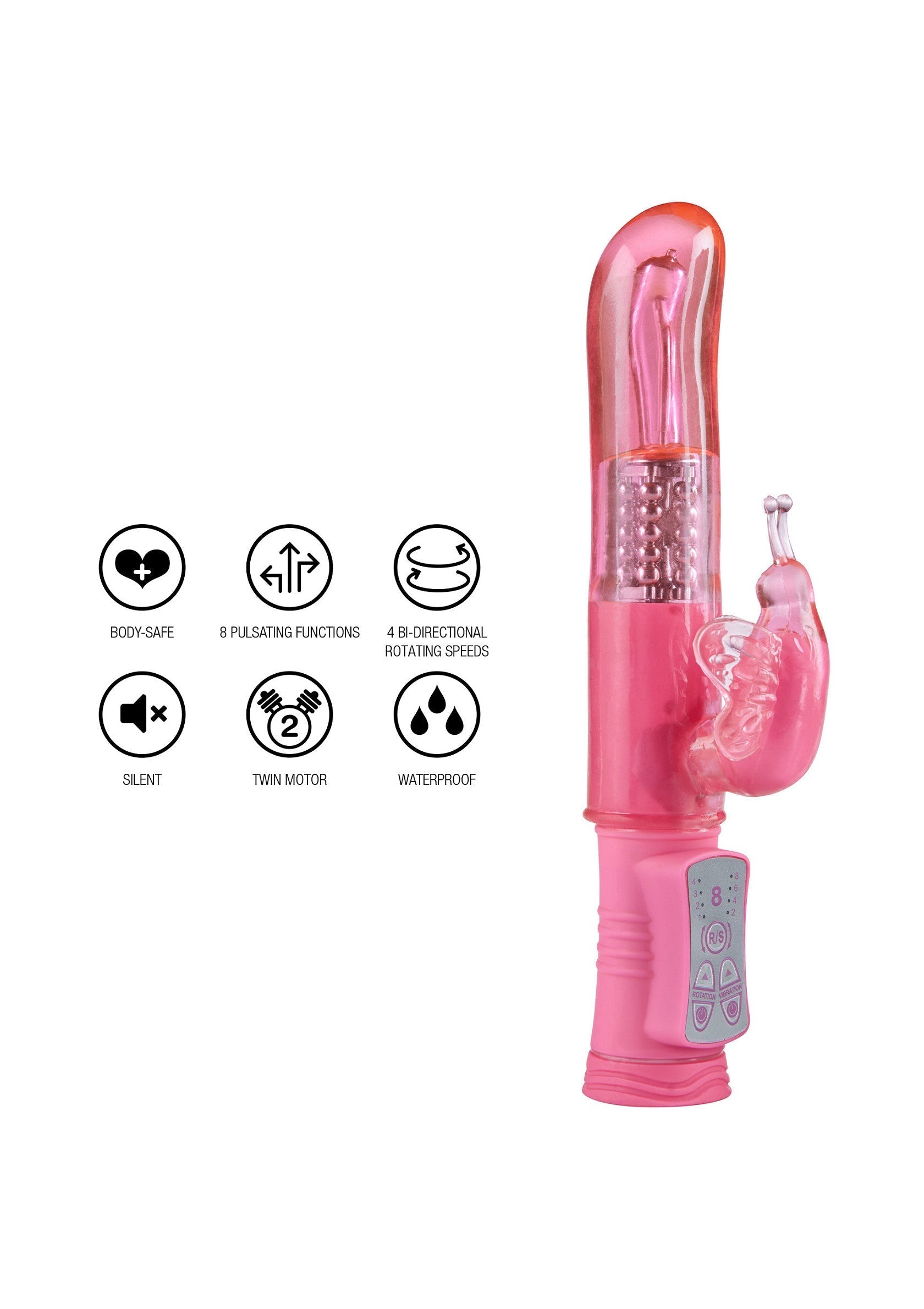 Vibromasseur rose avec 8 fonctions, double moteur, étanche et silencieux.; Roze vibrator met 8 functies, dubbele motor, waterdicht en stil.; Pink vibrator with 8 functions, dual motor, waterproof and silent.