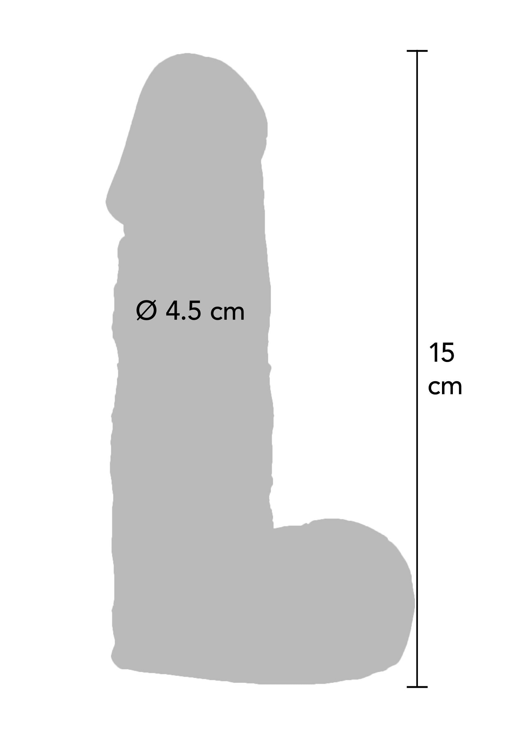 Schéma d'un gode avec dimensions: 15cm de long et 4,5cm de diamètre. Idéal pour comparer les tailles avant achat!; Schema van een dildo met afmetingen: 15cm lang en 4,5cm in diameter. Ideaal om maten te vergelijken voor aankoop!; Diagram of a dildo with dimensions: 15cm long and 4.5cm in diameter. Ideal for comparing sizes before purchase!