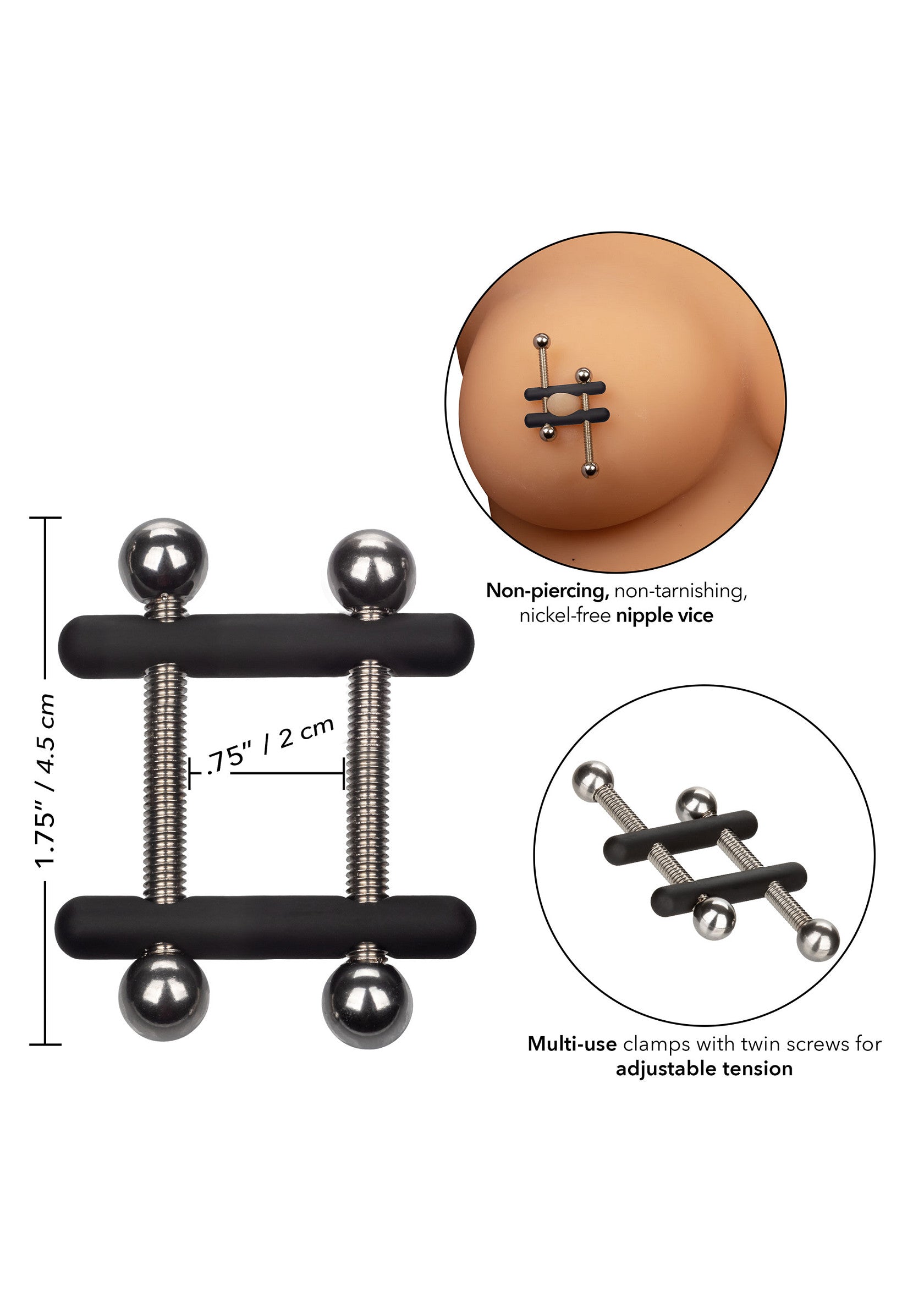 Pinces à tétons non percées avec vis réglables pour une tension personnalisée. Alternative originale aux piercings.; Nippelklemmen zonder piercing met verstelbare schroeven voor gepersonaliseerde spanning. Origineel alternatief voor piercings.; Non-piercing nipple clamps with adjustable screws for customized tension. An original alternative to piercings.