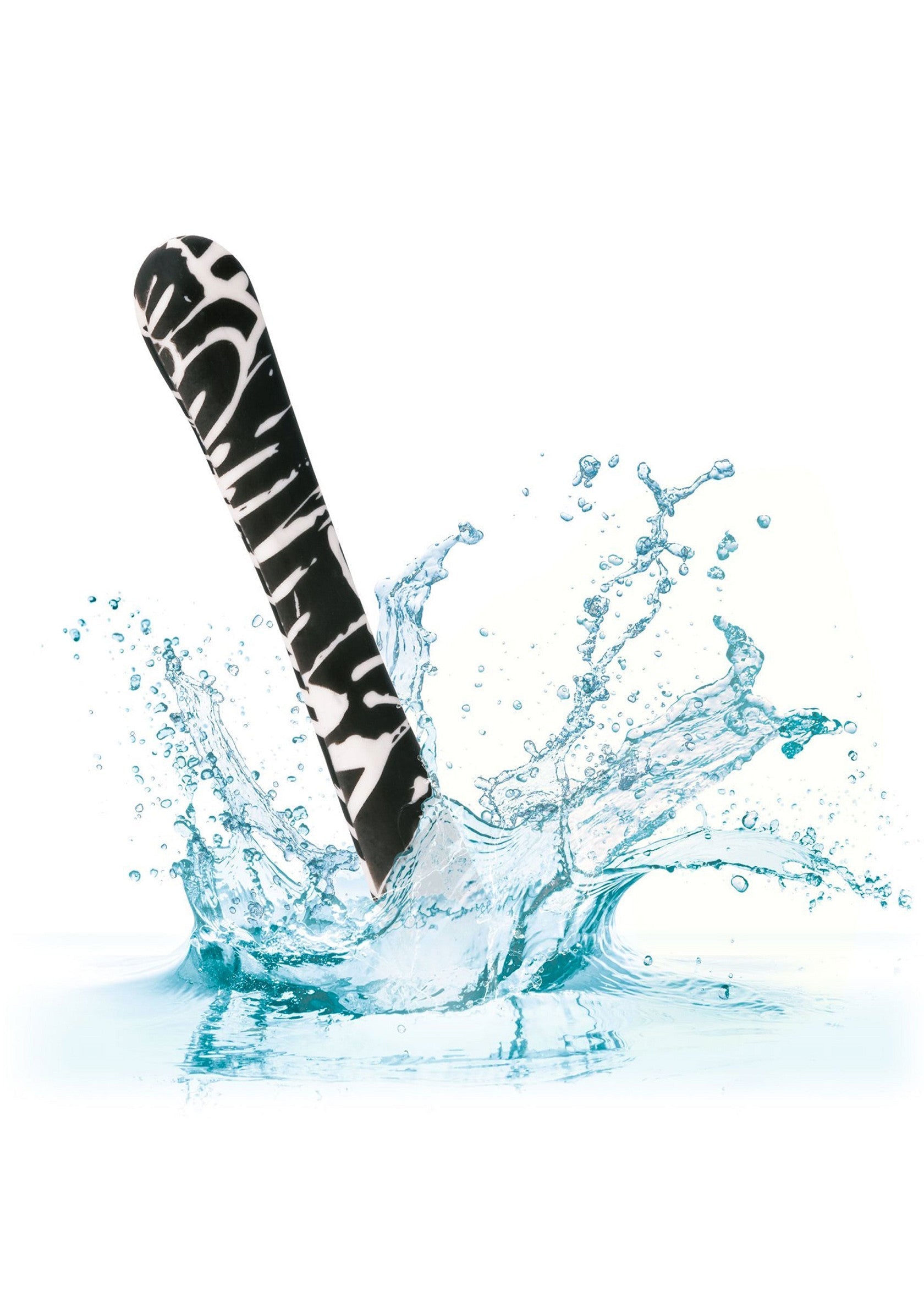 Vibromasseur étanche à motif zébré pour des plaisirs aquatiques intenses.; Waterdichte vibrator met zebraprint voor intense waterpret.; Waterproof vibrator with zebra print for intense aquatic pleasure.