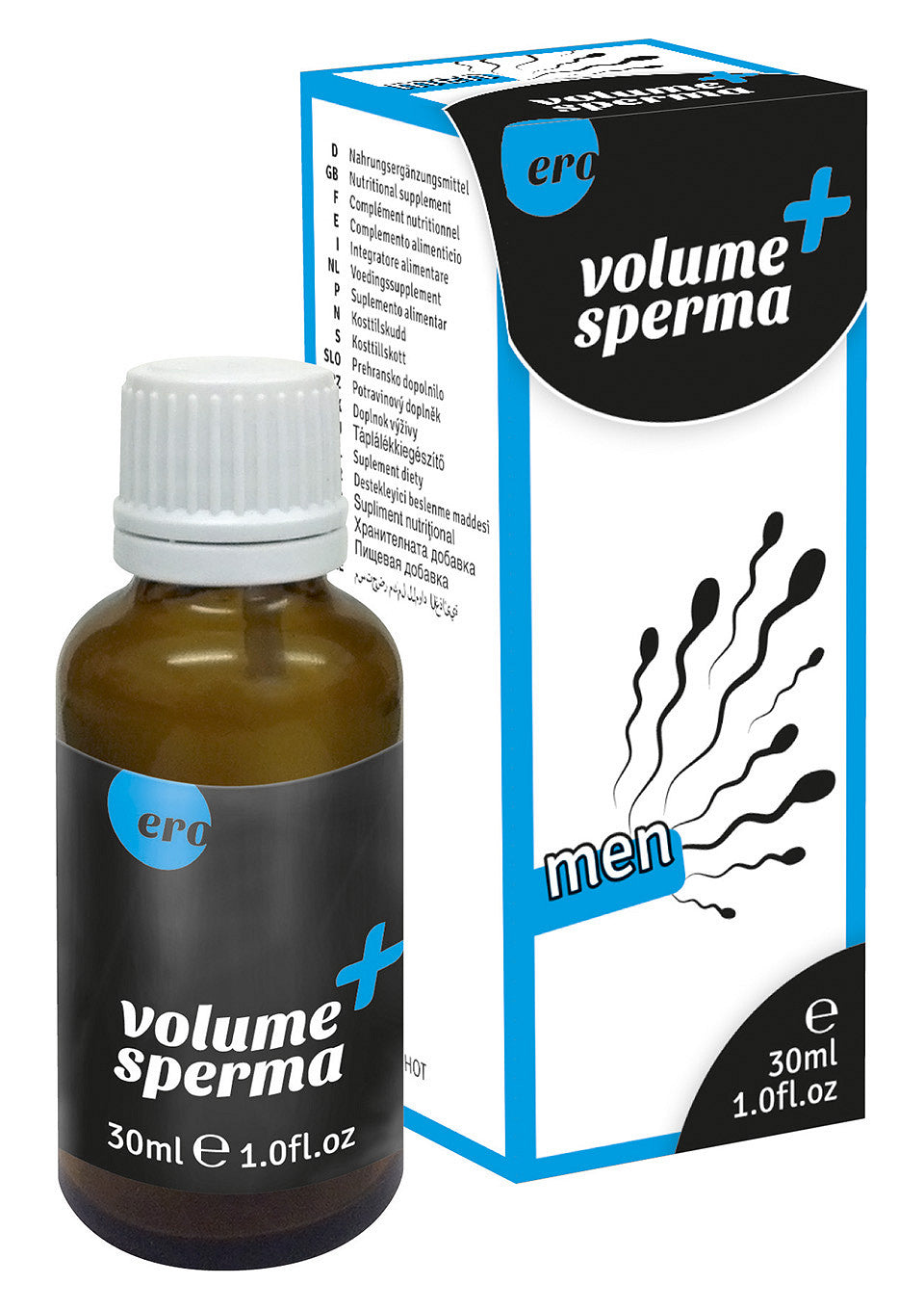 Ero Volume Sperma+ pour hommes, flacon de 30ml. Complément alimentaire pour augmenter le volume.; Ero Volume Sperma+ voor mannen, 30ml flesje. Voedingssupplement voor volumevergroting.; Ero Volume Sperma+ for men, 30ml bottle. Dietary supplement to increase volume.