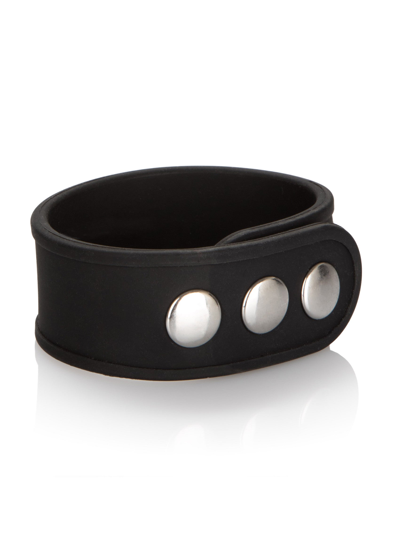 Manchette noire élégante avec trois boutons argentés. Accessoire de mode unique et audacieux.; Stijlvolle zwarte armband met drie zilverkleurige knopen. Een uniek en gedurfd modeaccessoire.; Stylish black cuff bracelet with three silver-tone buttons. A unique and bold fashion accessory.