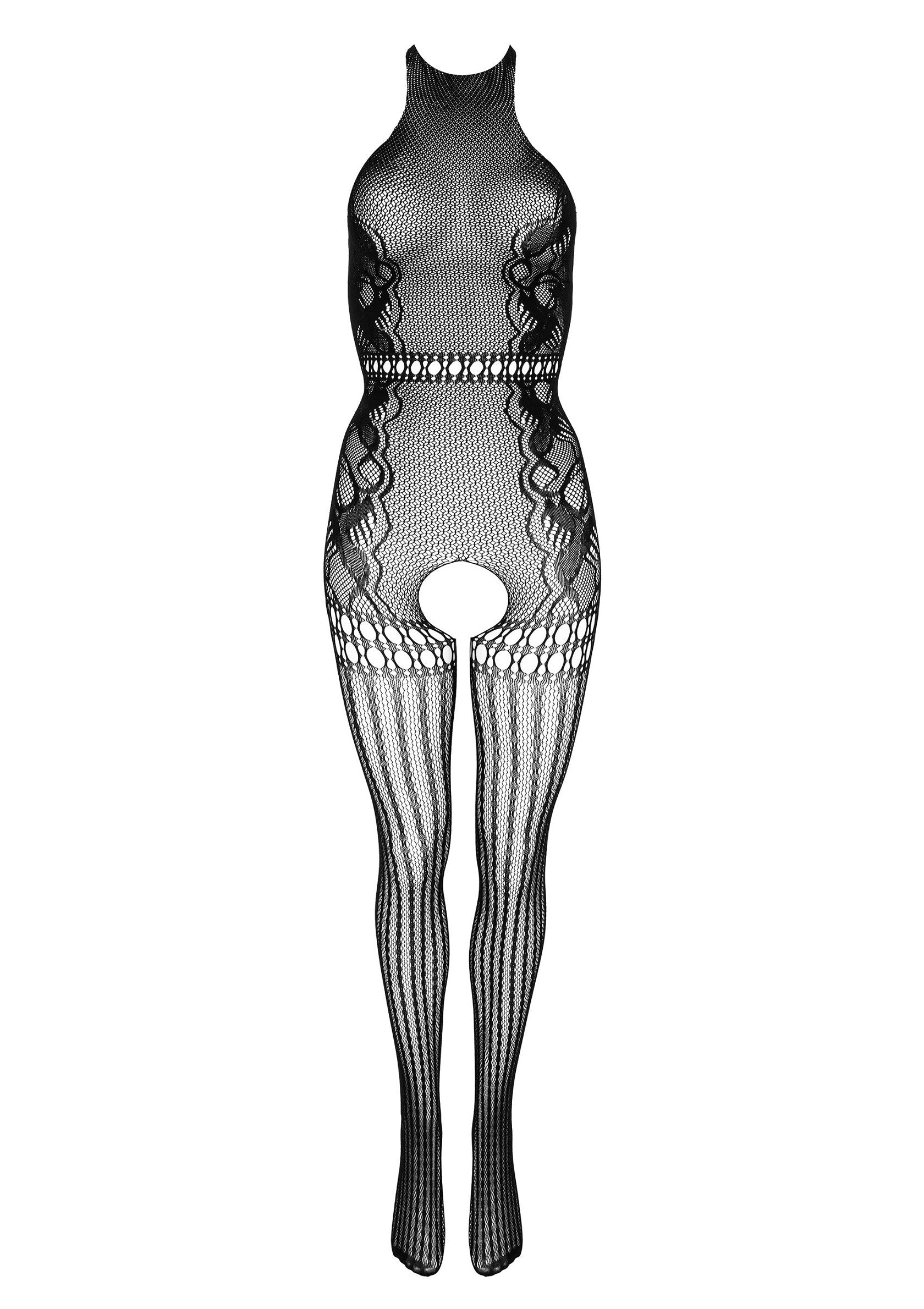 Body en résille noire avec motif floral et entrejambe ouvert pour une nuit torride.; Zwarte fishnet body met bloemmotief en open kruis voor een hete nacht.; Black fishnet bodysuit with floral pattern and open crotch for a hot night.