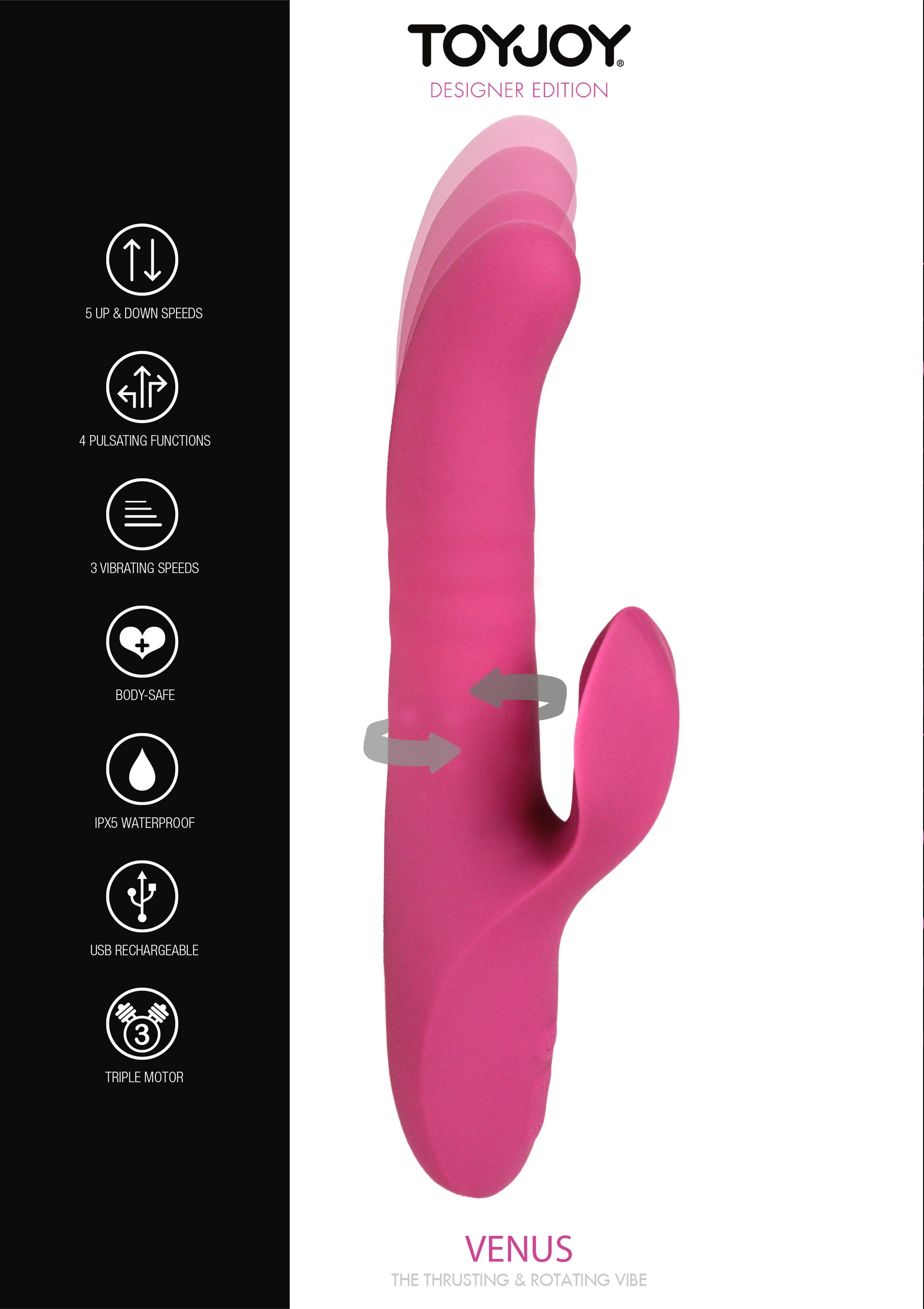 ToyJoy Venus vibromasseur rose vibrant et rotatif. 6 vitesses, 4 fonctions, étanche, rechargeable USB, 3 moteurs.; ToyJoy Venus roze vibrerende en roterende stimulator. 6 snelheden, 4 functies, waterdicht, USB oplaadbaar, 3 motoren.; ToyJoy Venus pink vibrating & rotating stimulator. 6 speeds, 4 functions, waterproof, USB rechargeable, 3 motors.