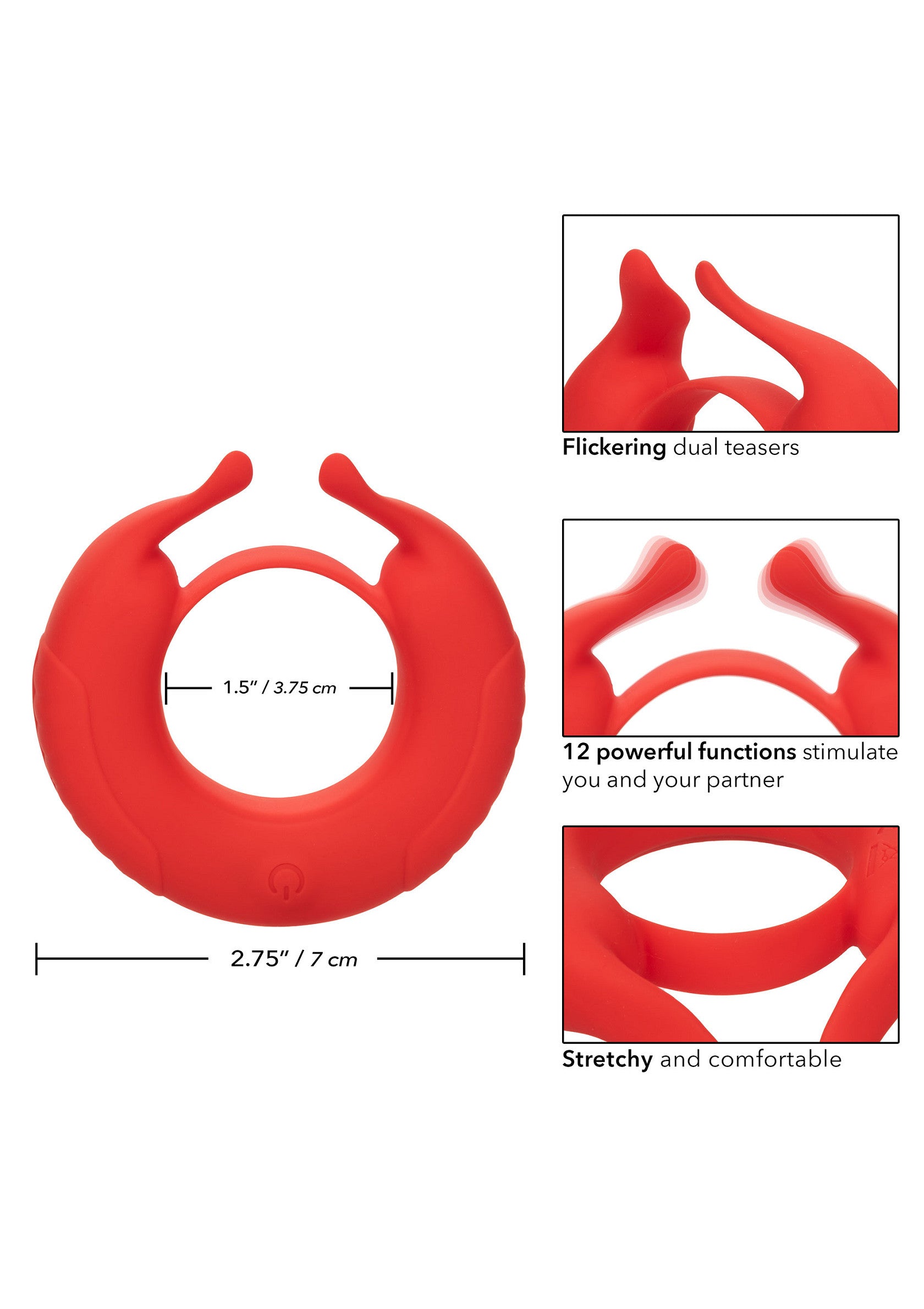 Anneau vibrant rouge avec 12 fonctions et 2 stimulations supplémentaires pour un plaisir partagé.; Rode vibrerende ring met 12 functies en 2 extra stimulaties voor gedeeld plezier.; Red vibrating ring with 12 functions and 2 extra stimulations for shared pleasure.