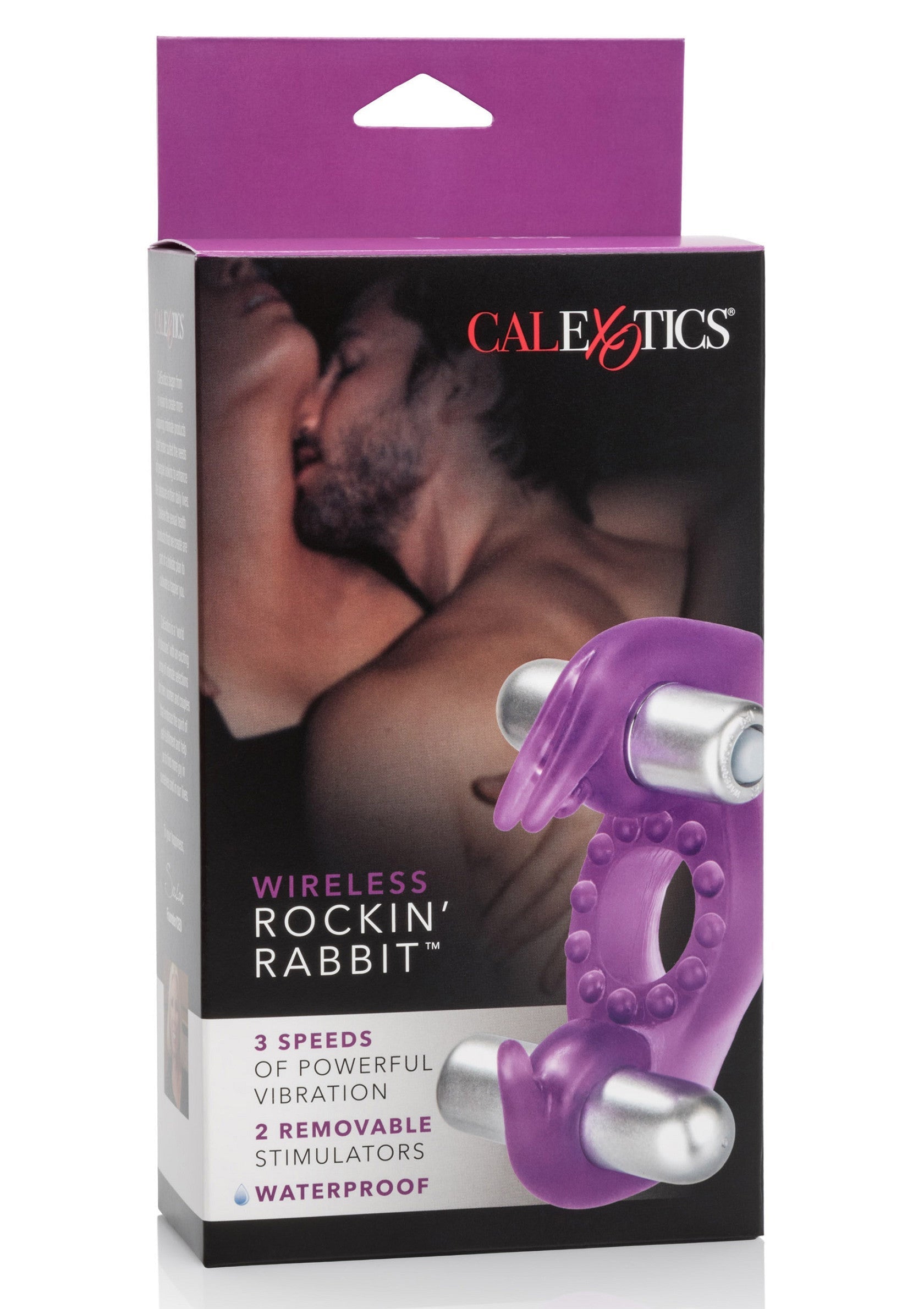 CalExotics Rockin' Rabbit sans fil, vibromasseur pour couple avec 3 vitesses, imperméable et stimulateurs amovibles.; CalExotics draadloze Rockin' Rabbit, vibrator voor koppels met 3 snelheden, waterdicht en verwijderbare stimulatoren.; CalExotics Wireless Rockin' Rabbit, couple's vibrator with 3 speeds, waterproof, and removable stimulators.