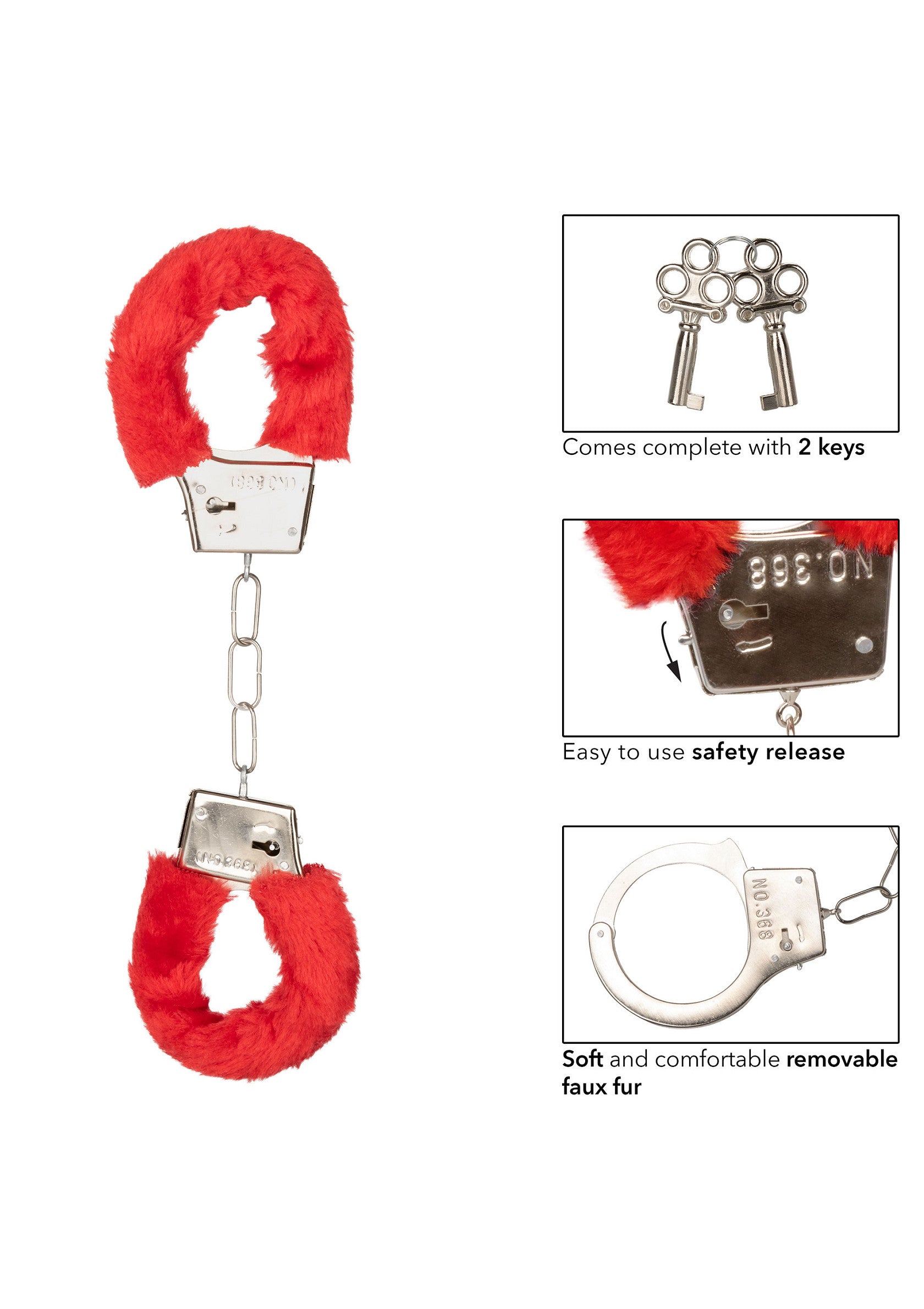 Menottes rouges en fausse fourrure douce avec clés. Accessoire coquin parfait pour pimenter votre vie amoureuse.; Rode, zachte, faux fur handboeien met sleutels. Perfecte ondeugende accessoire om je liefdesleven op te fleuren.; Red, soft, faux fur handcuffs with keys. Perfect naughty accessory to spice up your love life.