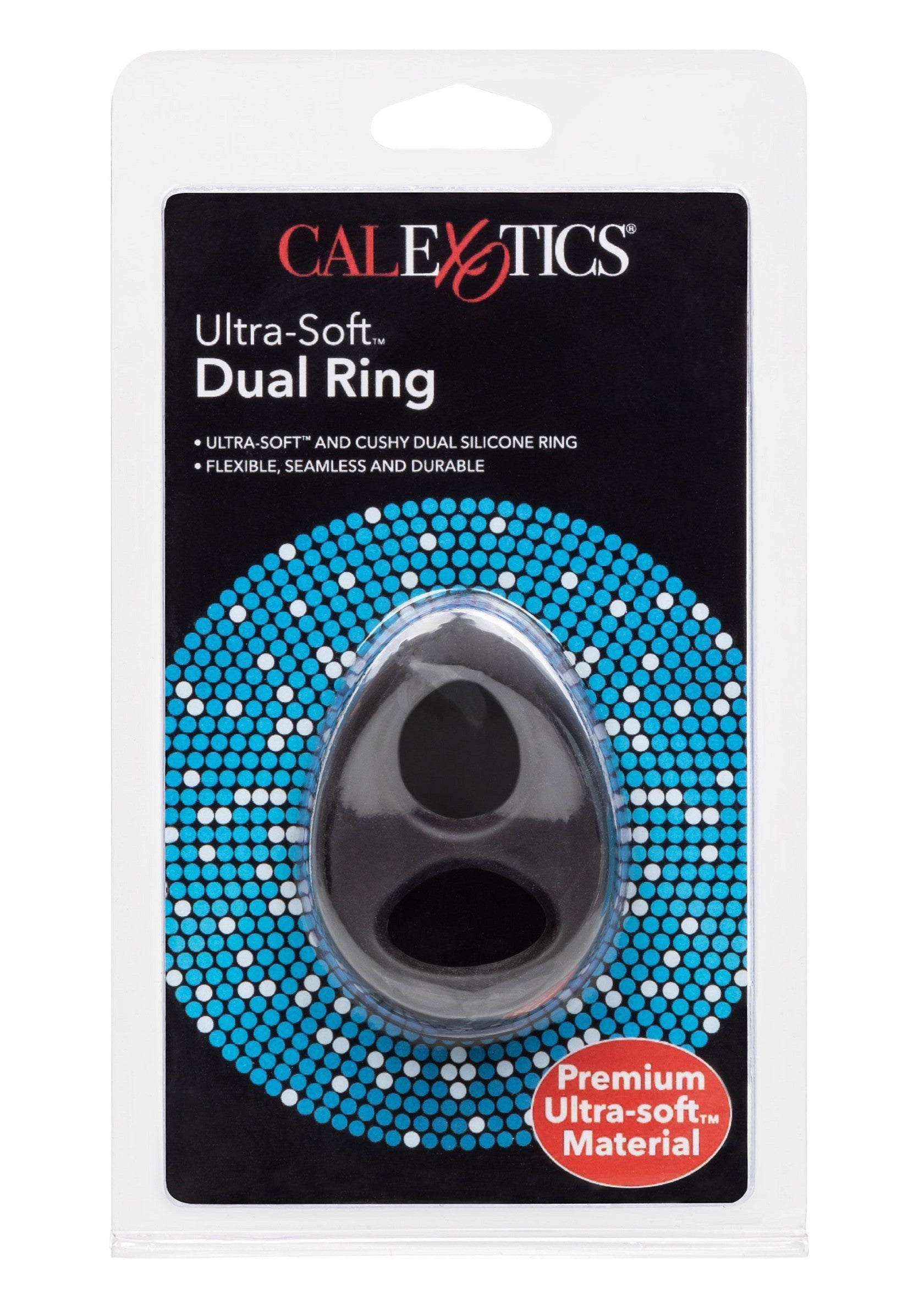 Anneau pénien double CalExotics Ultra-Soft. Silicone doux et flexible pour plus de confort et d'endurance.; CalExotics Ultra-Soft dubbele penisring. Zacht, flexibel siliconen voor comfort en uithoudingsvermogen.; CalExotics Ultra-Soft Dual Ring. Soft, flexible silicone for comfort and endurance.