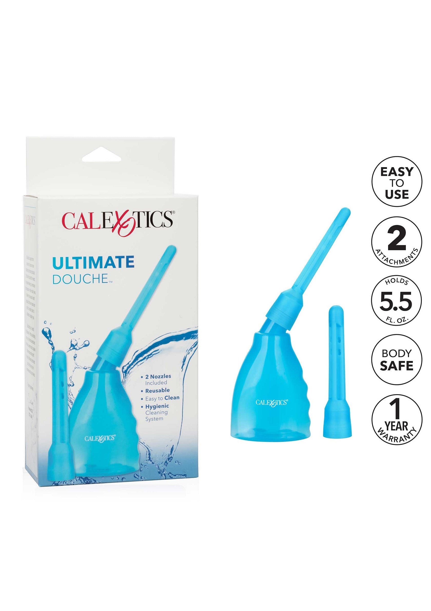 CalExotics Ultimate Douche, kit de nettoyage intime facile à utiliser avec 2 embouts. Hygiène et confort garantis.; CalExotics Ultimate Douche, eenvoudig te gebruiken intieme reinigingsset met 2 opzetstukken. Hygiëne en comfort gegarandeerd.; CalExotics Ultimate Douche, easy to use intimate cleansing kit with 2 attachments. Hygiene and comfort guaranteed.