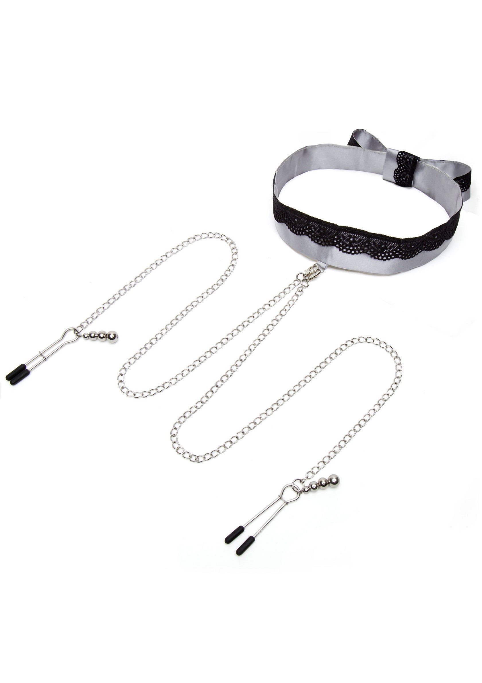 Ensemble collier en dentelle et pinces à tétons pour pimenter votre vie amoureuse.; Set van kanten halsband en tepelklemmen om je liefdesleven wat op te fleuren.; Lace collar and nipple clamp set to spice up your love life.