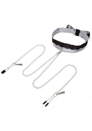 Ensemble collier en dentelle et pinces à tétons pour pimenter votre vie amoureuse.; Set van kanten halsband en tepelklemmen om je liefdesleven wat op te fleuren.; Lace collar and nipple clamp set to spice up your love life.