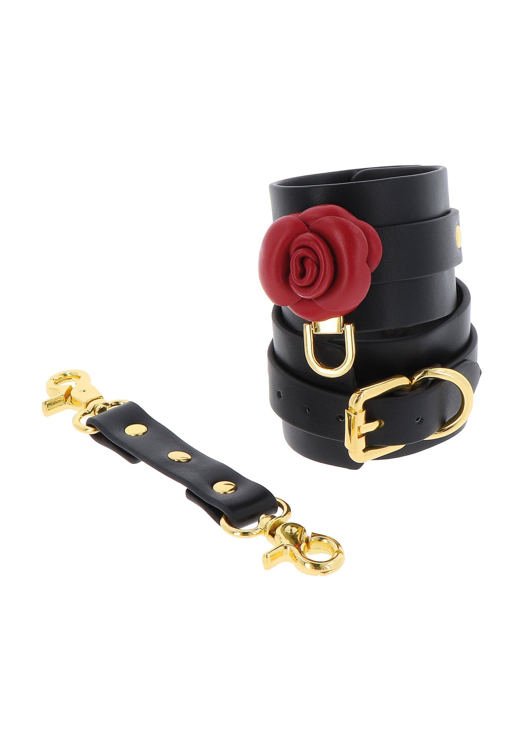 Bracelet en cuir noir avec rose rouge et détails dorés, pour un style unique et audacieux.; Zwarte leren armband met rode roos en gouden details, voor een unieke en gedurfde stijl.; Black leather bracelet with red rose and gold details, for a unique and bold style.