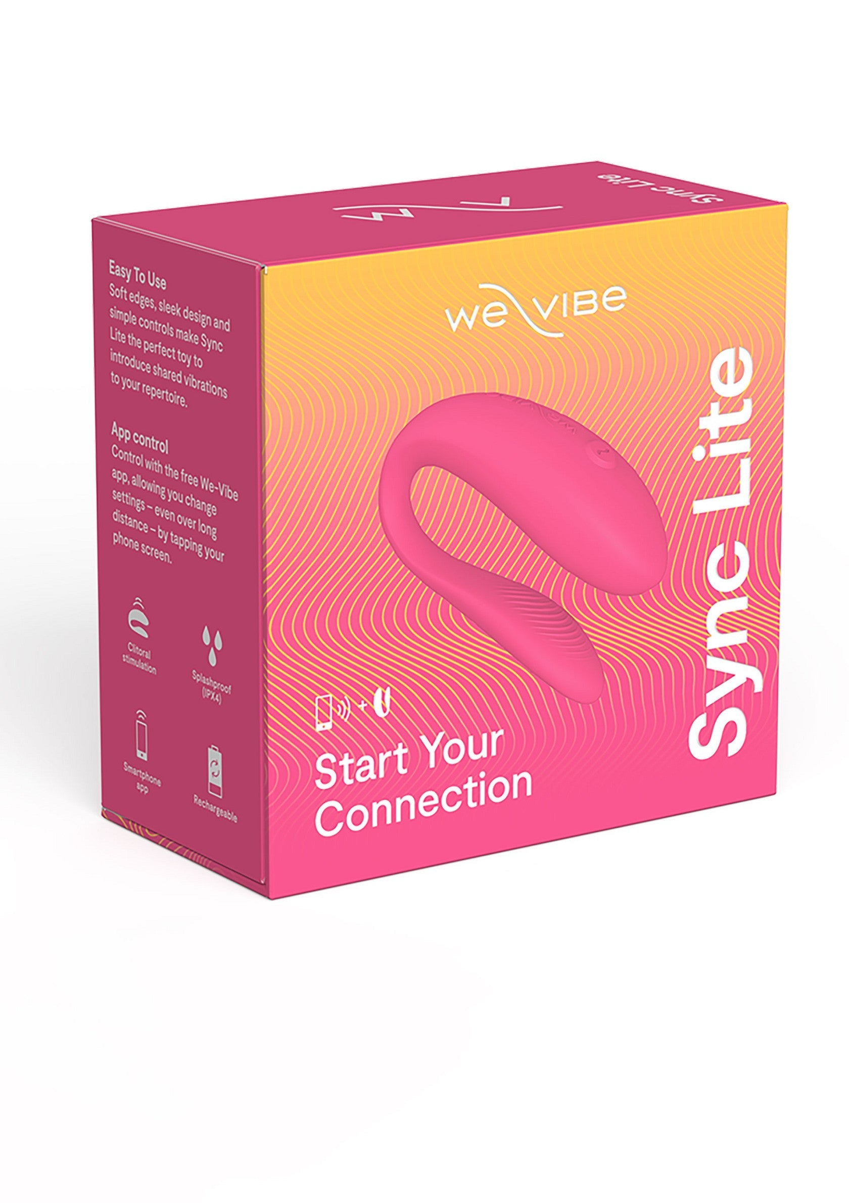 We-Vibe Sync Lite : vibromasseur rose pour couples, contrôle via application, design ergonomique.; We-Vibe Sync Lite: roze vibrator voor koppels, app-bediening, ergonomisch design.; We-Vibe Sync Lite: Pink couples vibrator, app-controlled, ergonomic design.