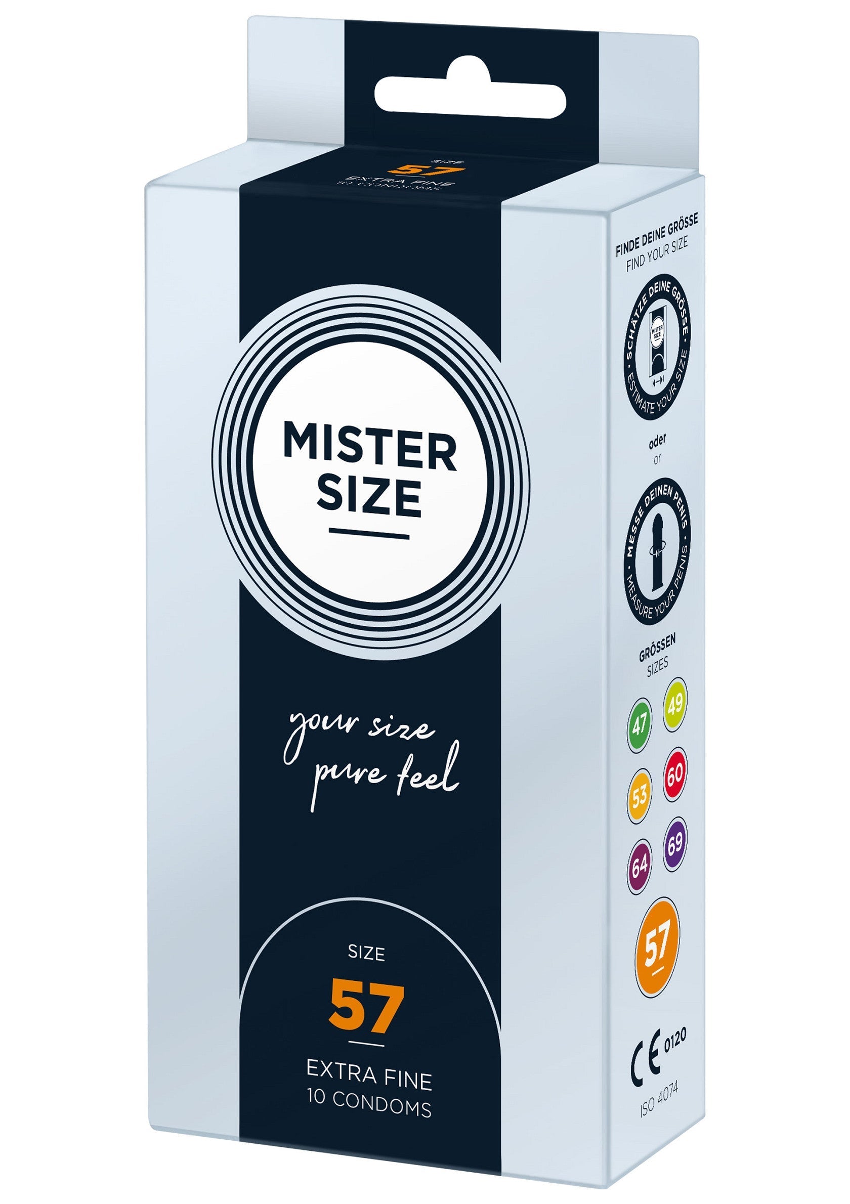 Préservatifs Mister Size 57 : taille personnalisée pour un confort et une protection optimaux.; Mister Size 57 condooms: individuele maat voor optimaal comfort en bescherming.; Mister Size 57 condoms: custom size for optimal comfort and protection.