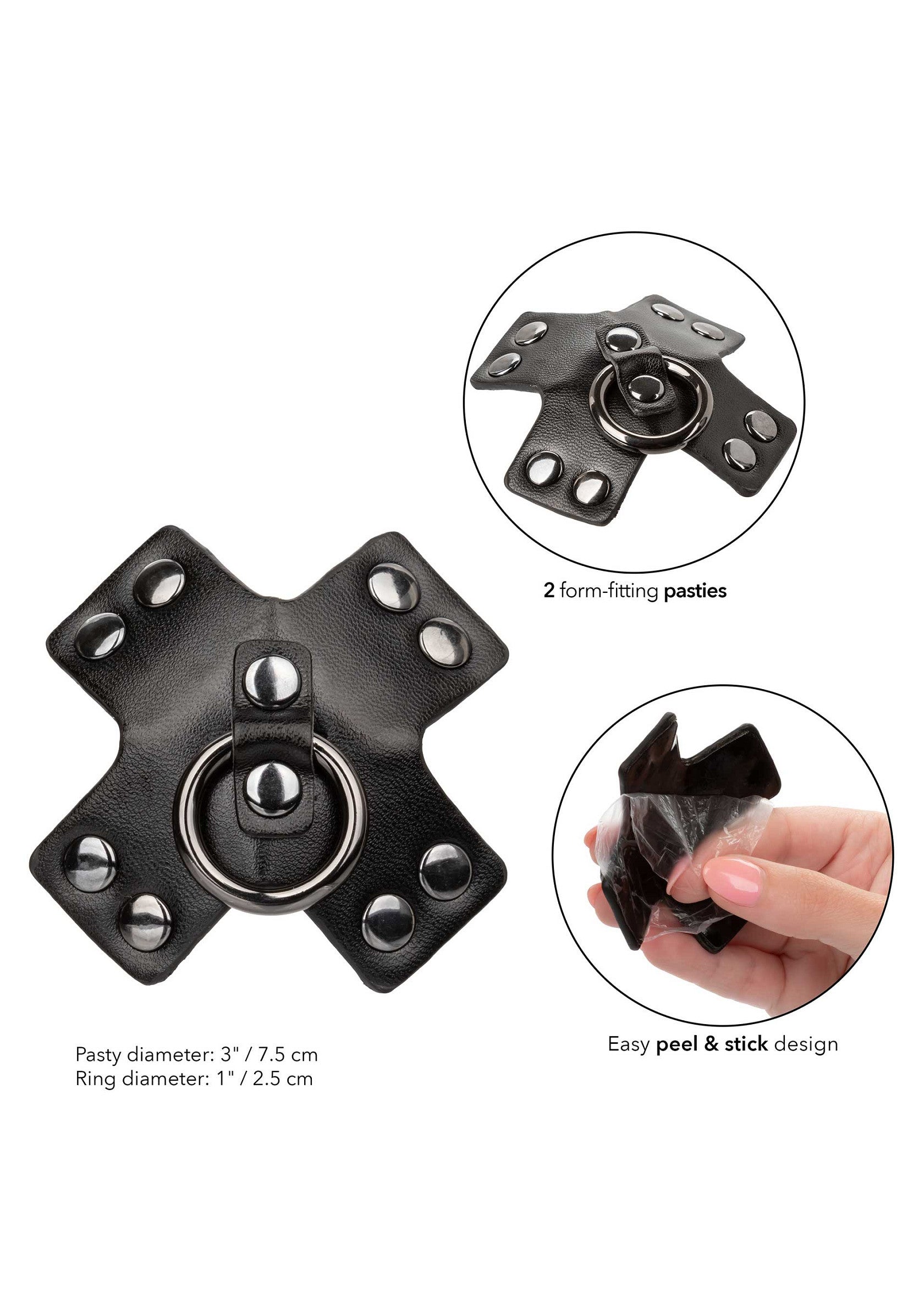 Cache-tétons croix en cuir avec anneau, réutilisables, faciles à poser.; Lederen kruis tepelbedekkers met ring, herbruikbaar, gemakkelijk aan te brengen.; Leather cross pasties with ring, reusable, easy peel & stick design.