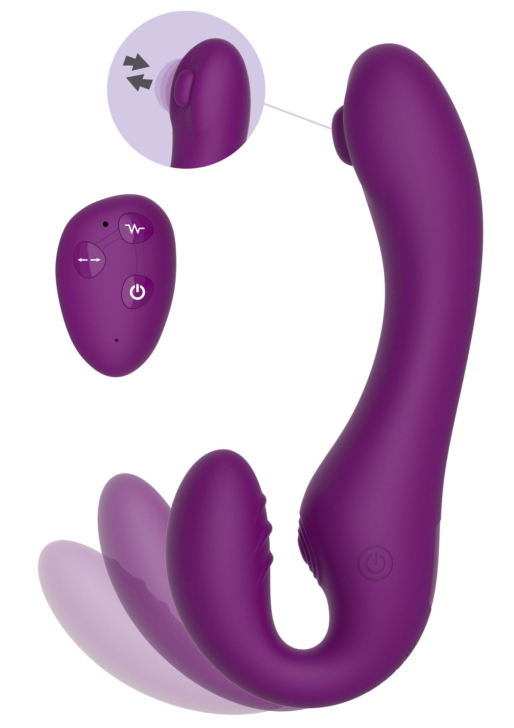 Vibromasseur double vibrant violet avec télécommande pour une stimulation intense et variée.; Paarse vibrerende dubbele stimulator met afstandsbediening voor intense en gevarieerde stimulatie.; Purple vibrating double stimulator with remote control for intense, varied stimulation.