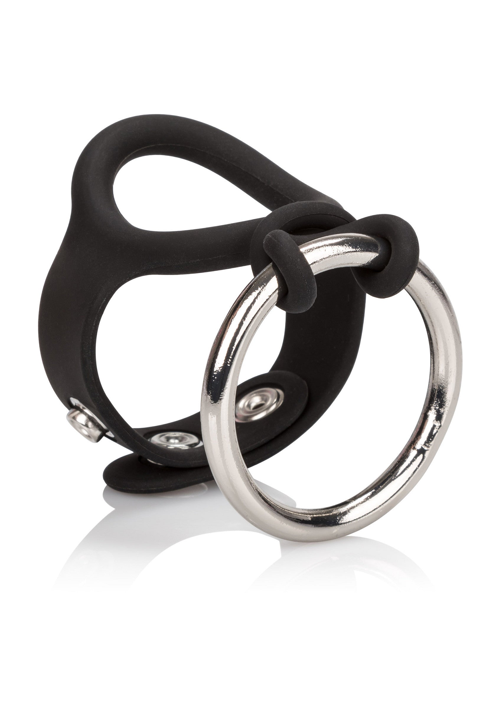 Anneau pénien noir et argenté pour un plaisir intense et une érection longue durée.; Zwarte en zilveren penisring voor intens genot en langdurige erectie.; Black and silver cock ring for intense pleasure and long-lasting erection.