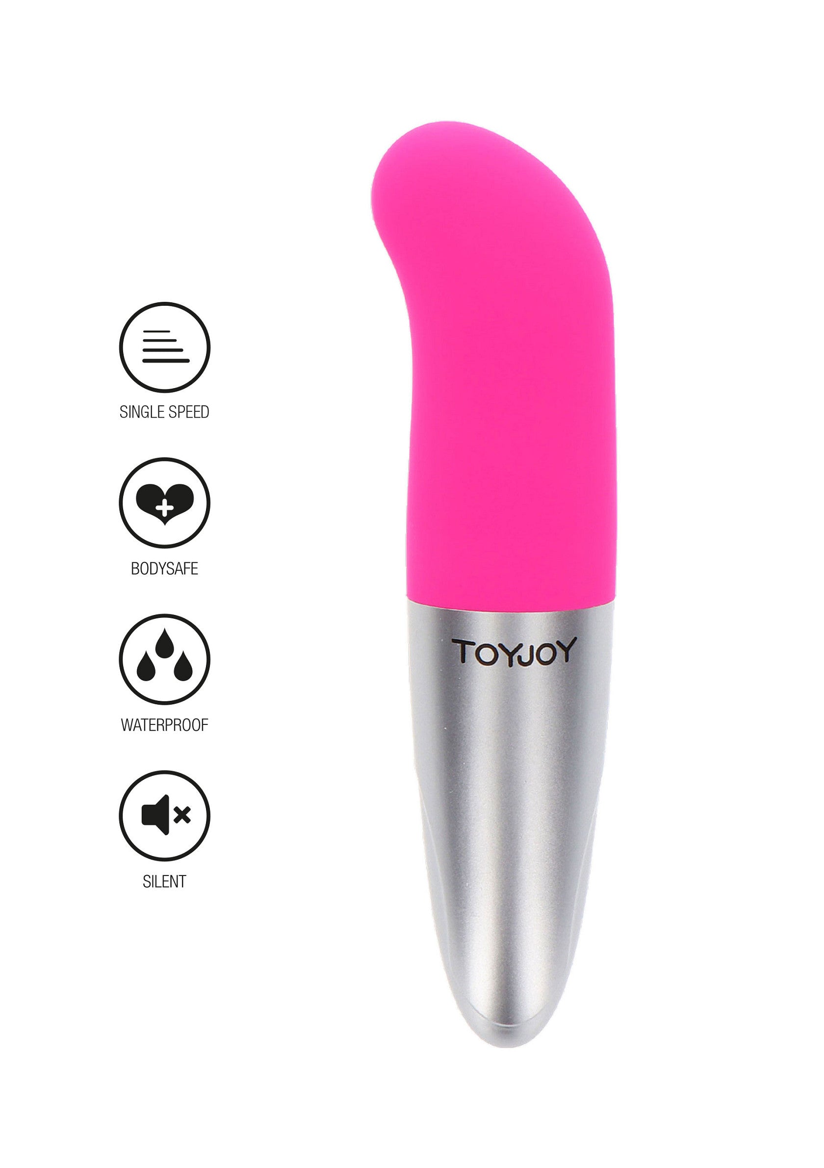 Vibromasseur rose et argenté ToyJoy. Discret, étanche, sûr pour le corps. Simple vitesse.; Roze en zilverkleurige ToyJoy vibrator. Discreet, waterdicht, veilig voor het lichaam. Enkele snelheid.; Pink and silver ToyJoy vibrator. Discreet, waterproof, body safe. Single speed.