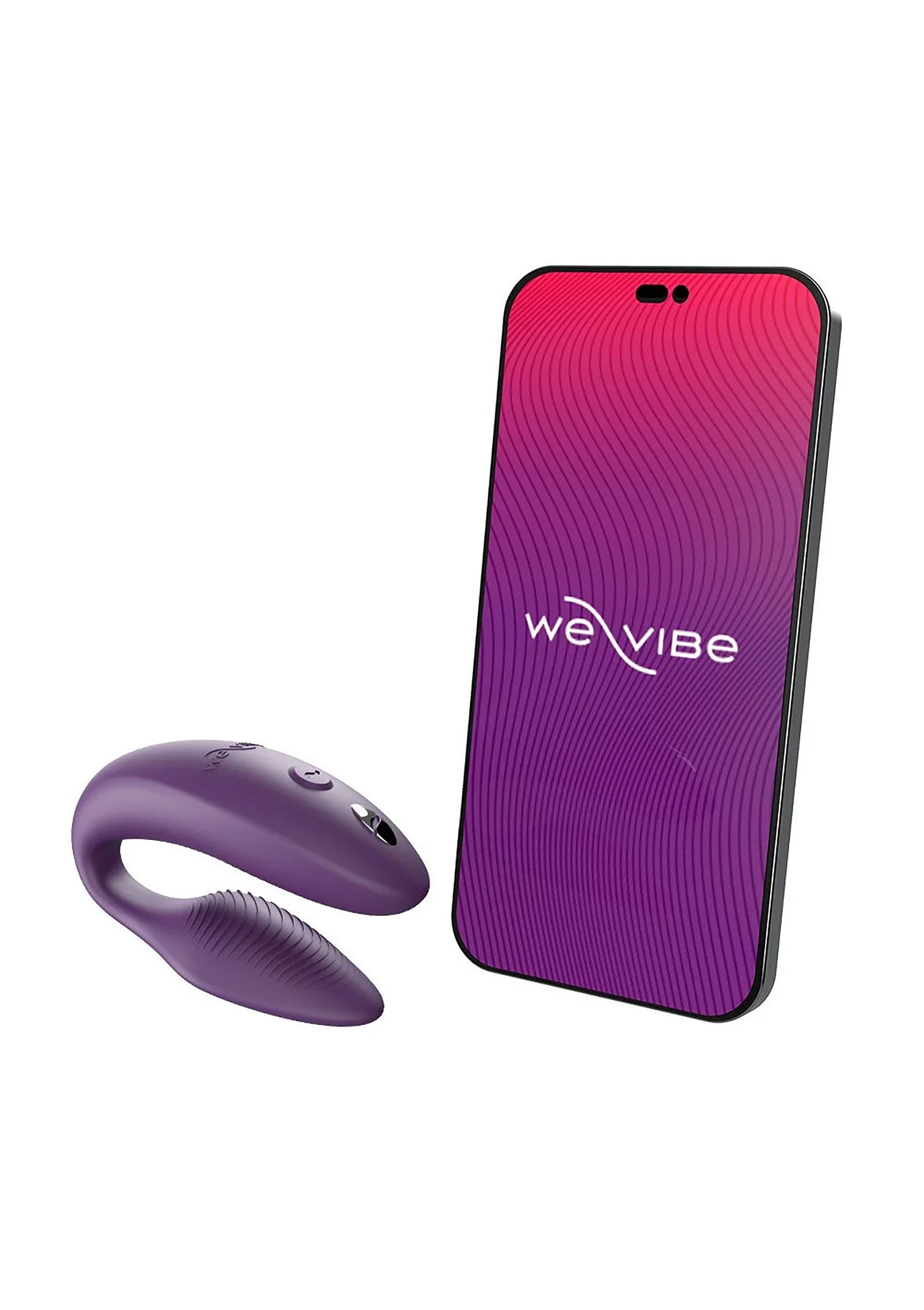 Image d'un jouet We-Vibe en violet avec un smartphone.; Afbeelding van een We-Vibe speeltje in het paars met een smartphone.; Image of a We-Vibe toy in purple with a smartphone.