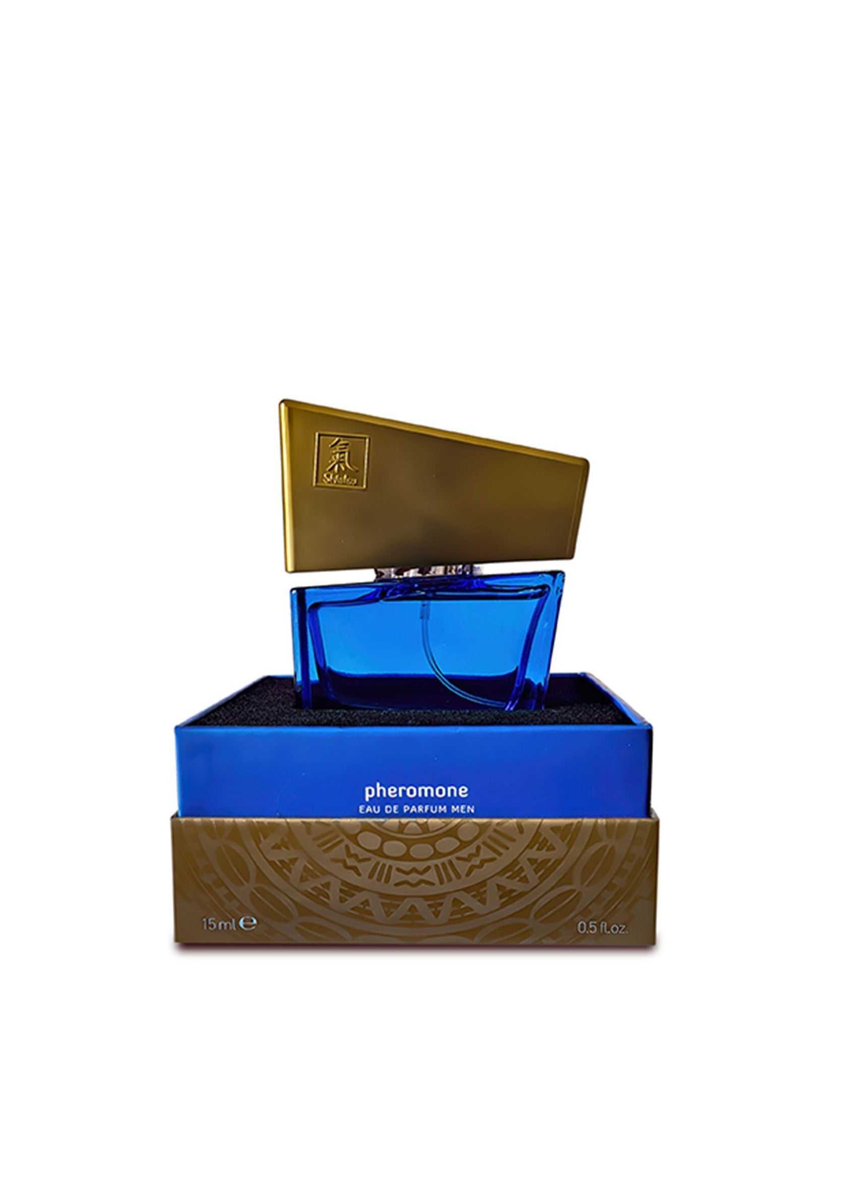 Parfum Pheromone pour homme. Eau de parfum masculine dans un flacon bleu et or luxueux.; Pheromone parfum voor mannen. Mannelijke eau de parfum in een luxe blauwe en gouden flacon.; Pheromone perfume for men. Masculine eau de parfum in a luxurious blue and gold bottle.