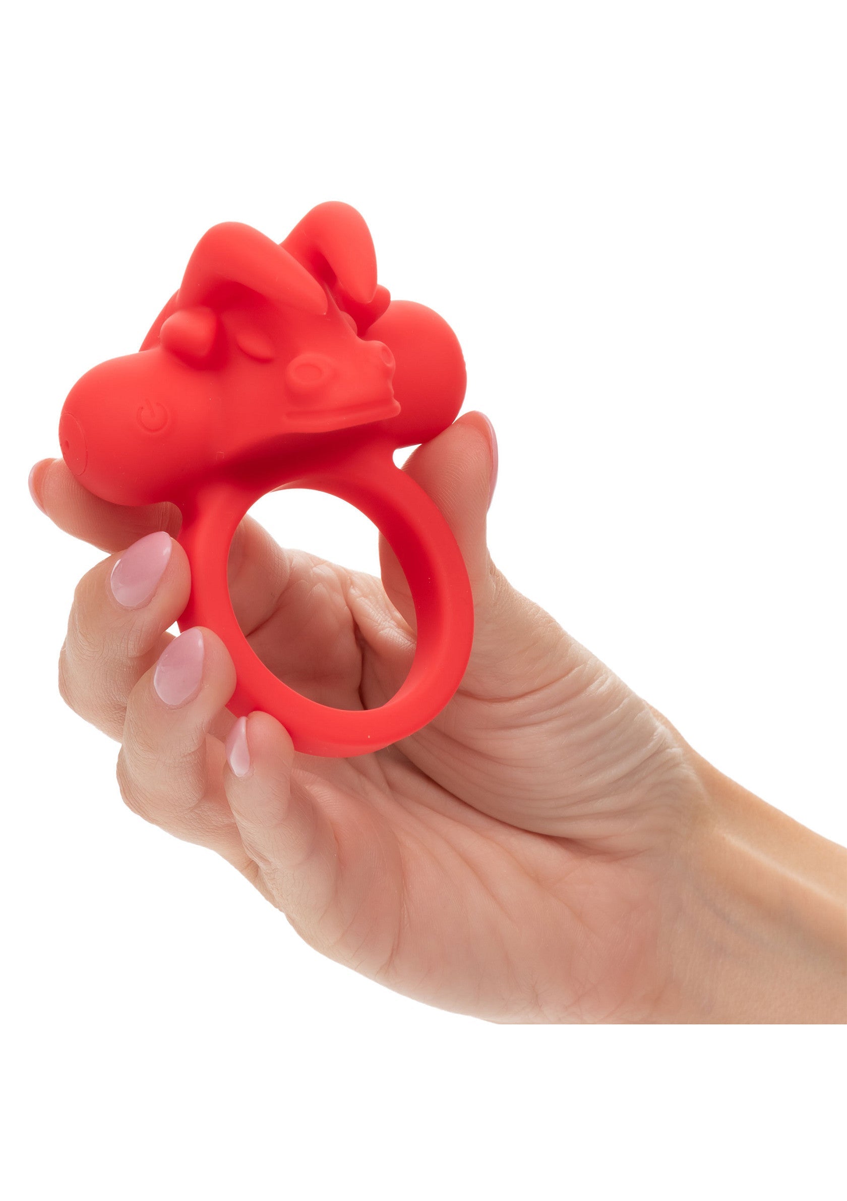 Anneau vibrant rouge en silicone avec motif fantaisie pour le plaisir sexuel; Rode siliconen vibrerende ring met fantasiepatroon voor seksueel genot; Red silicone vibrating ring with fantasy design for sexual pleasure