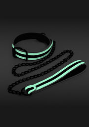 Collier et laisse phosphorescents avec chaîne. Accessoires pour jeux coquins.; Glow-in-the-dark halsband en riem met ketting. Accessoires voor ondeugende spelletjes.; Glow-in-the-dark collar and leash with chain. Accessories for kinky games.