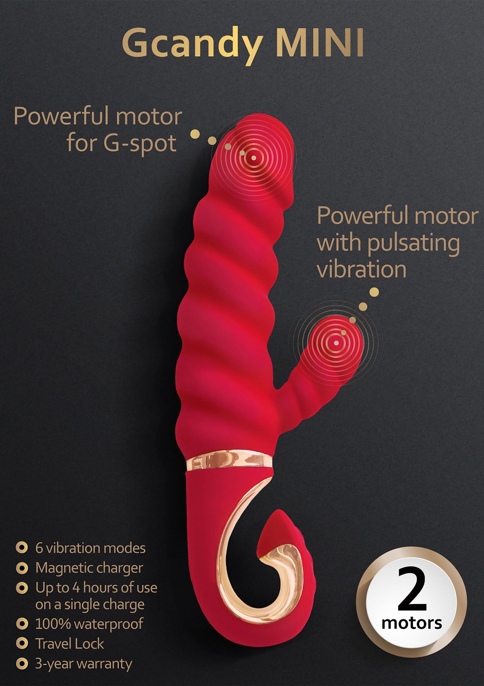 Gcandy MINI vibrant, avec 2 moteurs puissants, idéal pour l'exploration du G-spot. 6 modes, étanche et longue autonomie.; Gcandy MINI vibrator, met 2 krachtige motoren, ideaal voor G-spot stimulatie. 6 standen, waterdicht en lange batterijduur.; Gcandy MINI vibrator with 2 powerful motors, ideal for G-spot stimulation. 6 modes, waterproof, and long battery life.