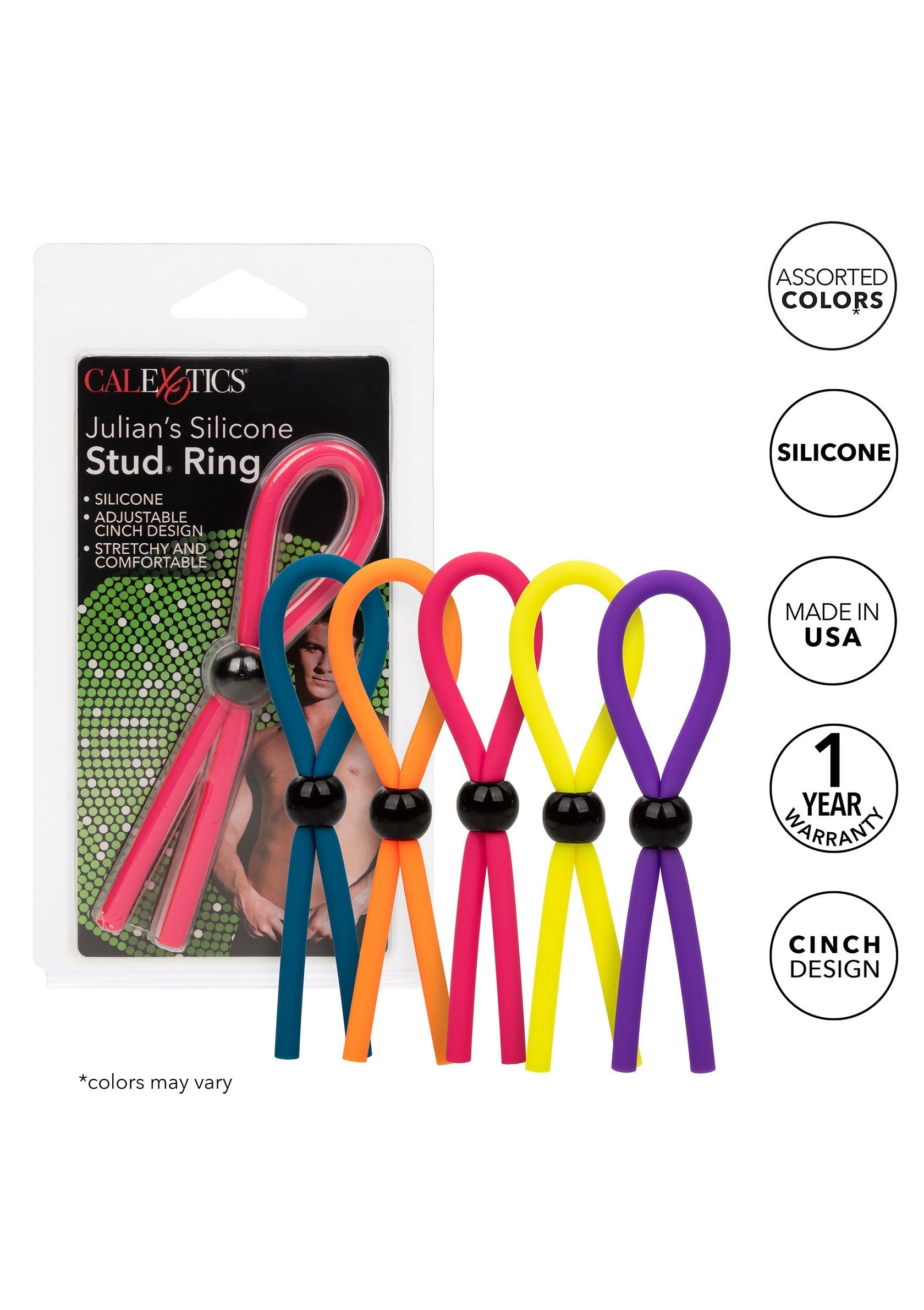 Anneau pénien en silicone Julian's, couleurs assorties, confortable et ajustable.; Julian's siliconen penisring, diverse kleuren, comfortabel en verstelbaar.; Julian's Silicone Stud Ring, assorted colors, comfortable and adjustable cinch design.