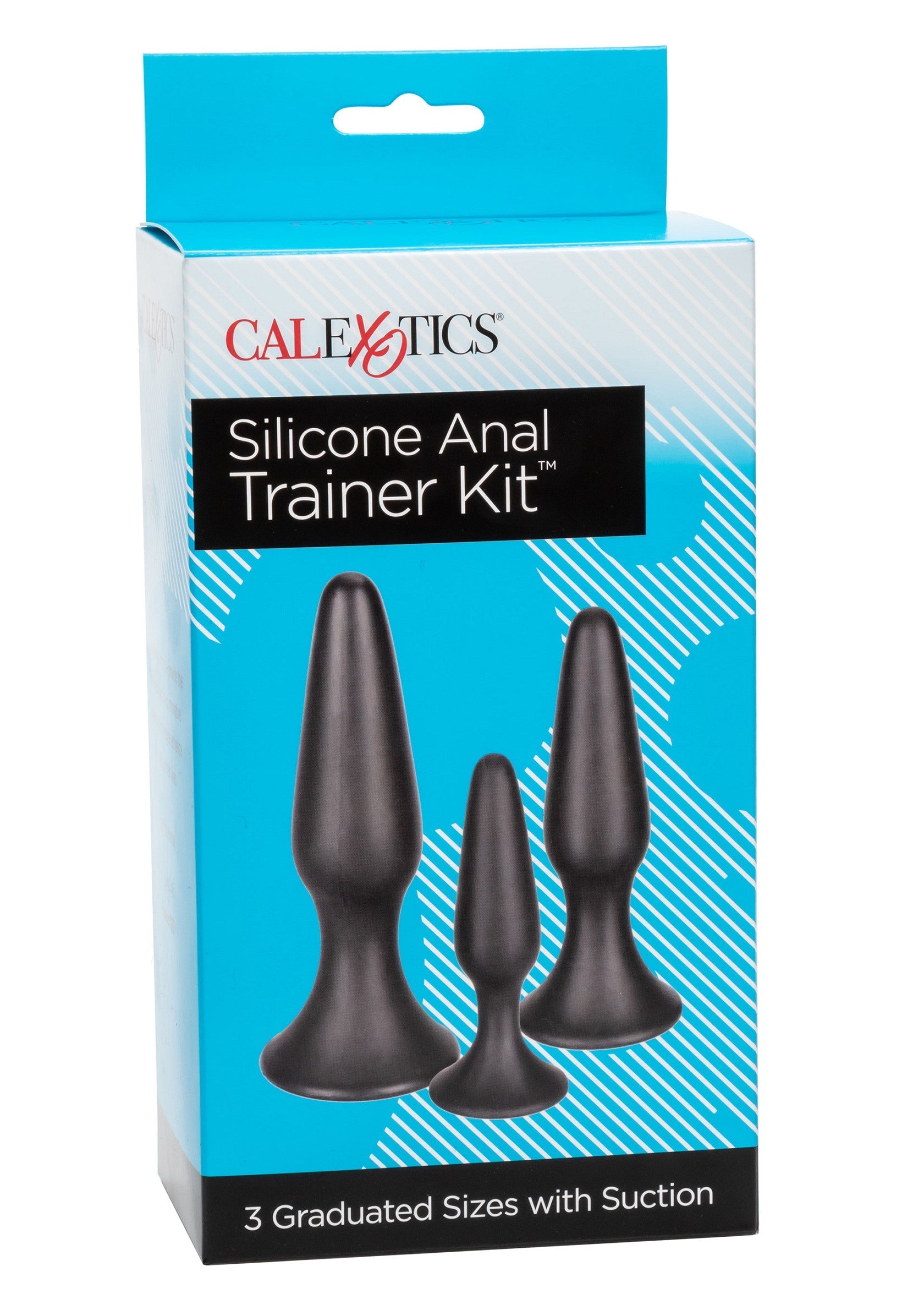 Kit d'entraînement anal en silicone CalExotics - 3 tailles graduées avec aspiration pour un entraînement progressif.; CalExotics Silicone Anal Trainer Kit - 3 oplopende maten met zuignap voor progressieve training.; CalExotics Silicone Anal Trainer Kit - 3 Graduated Sizes with Suction for progressive training.