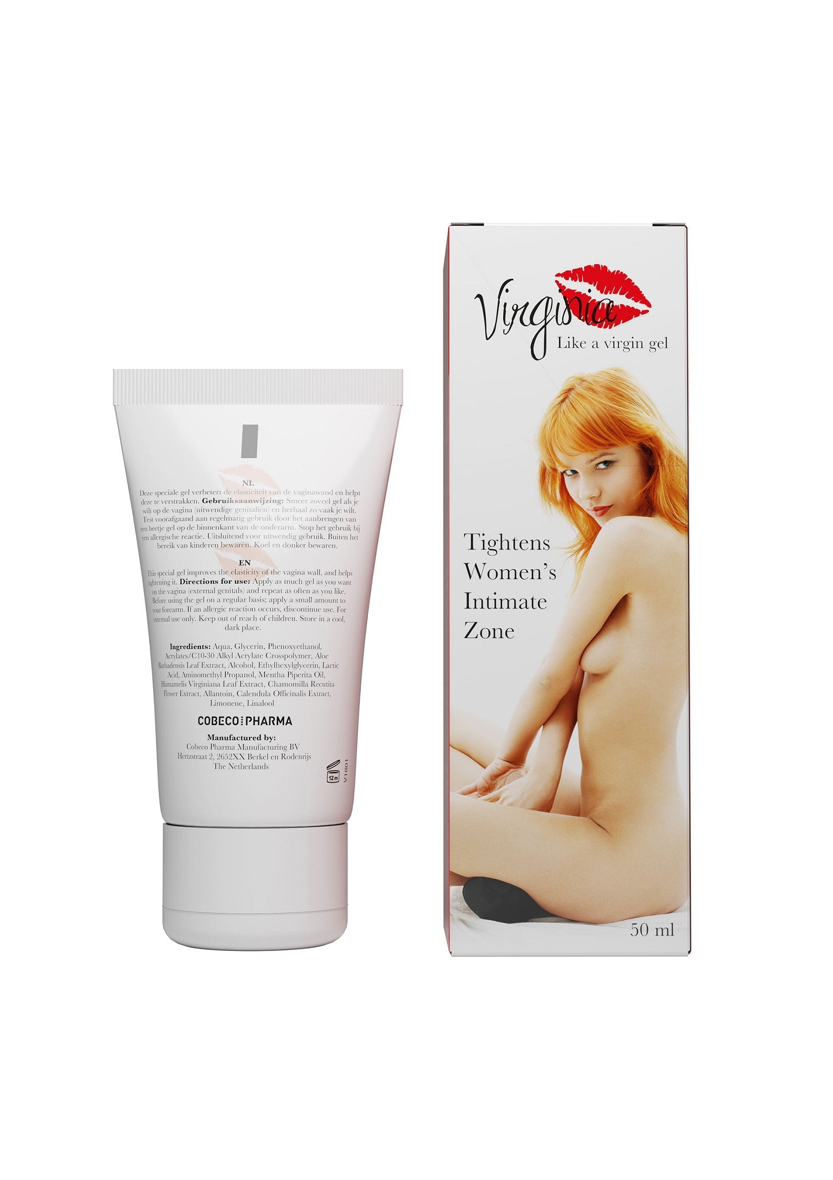Gel intime féminin Virginice pour resserrer la zone intime. Flacon et boîte de 50 ml.; Virginice Intieme Gel voor Vrouwen om de intieme zone te verstrakken. 50 ml fles en doos.; Virginice Women's Intimate Gel to tighten the intimate zone. 50 ml bottle and box.