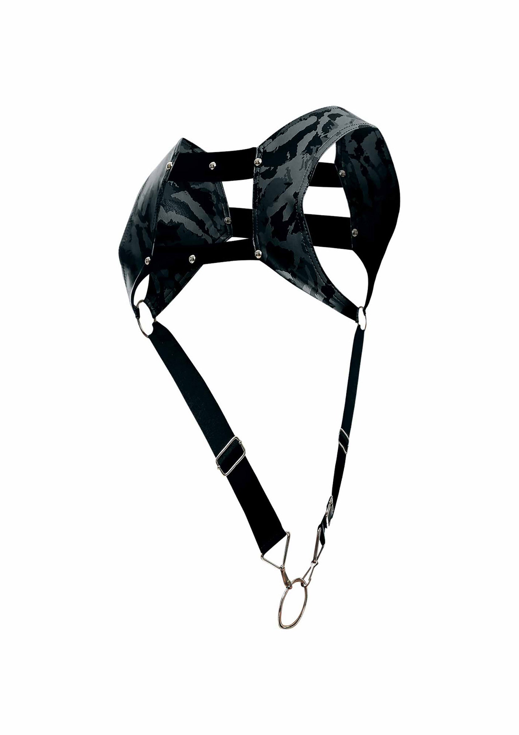Harnais de corps noir avec motif zébré. Accessoire de mode audacieux et tendance.; Zwart bodyharnas met zebraprint. Gedurfd en trendy modeaccessoire.; Black body harness with zebra print. A bold and trendy fashion accessory.