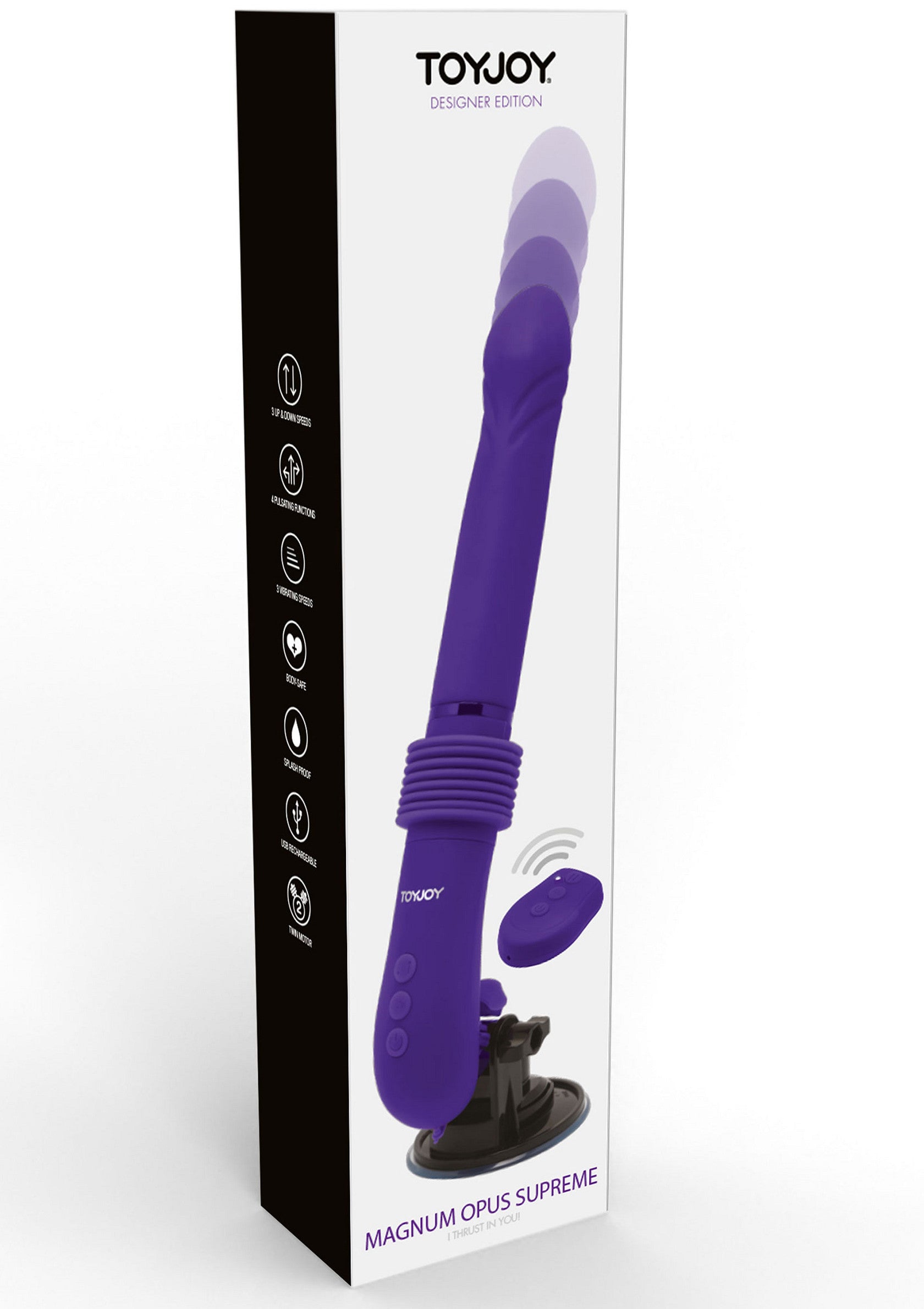 ToyJoy Magnum Opus Supreme masseur vibrant violet avec télécommande sans fil pour le plaisir personnel.; ToyJoy Magnum Opus Supreme paarse vibrerende stimulator met draadloze afstandsbediening voor persoonlijk genot.; ToyJoy Magnum Opus Supreme purple vibrating massager with wireless remote for personal pleasure.