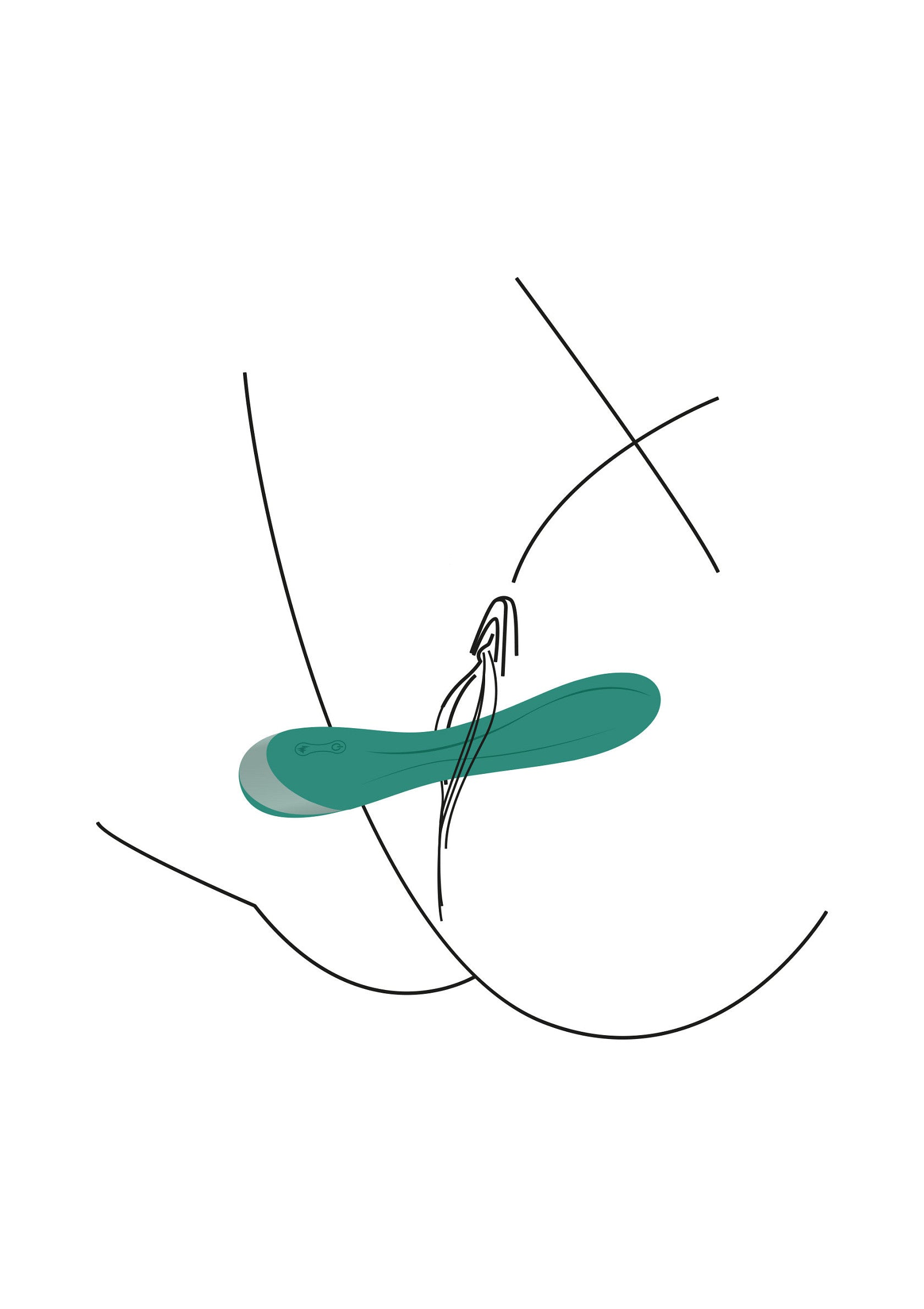 Illustration minimaliste d'un objet turquoise suspendu par des fils, idéal pour une décoration moderne et épurée.; Minimalistische illustratie van een turkoois object opgehangen aan draden, ideaal voor een moderne en strakke decoratie.; Minimalist illustration of a turquoise object suspended by threads, ideal for modern and sleek decoration.
