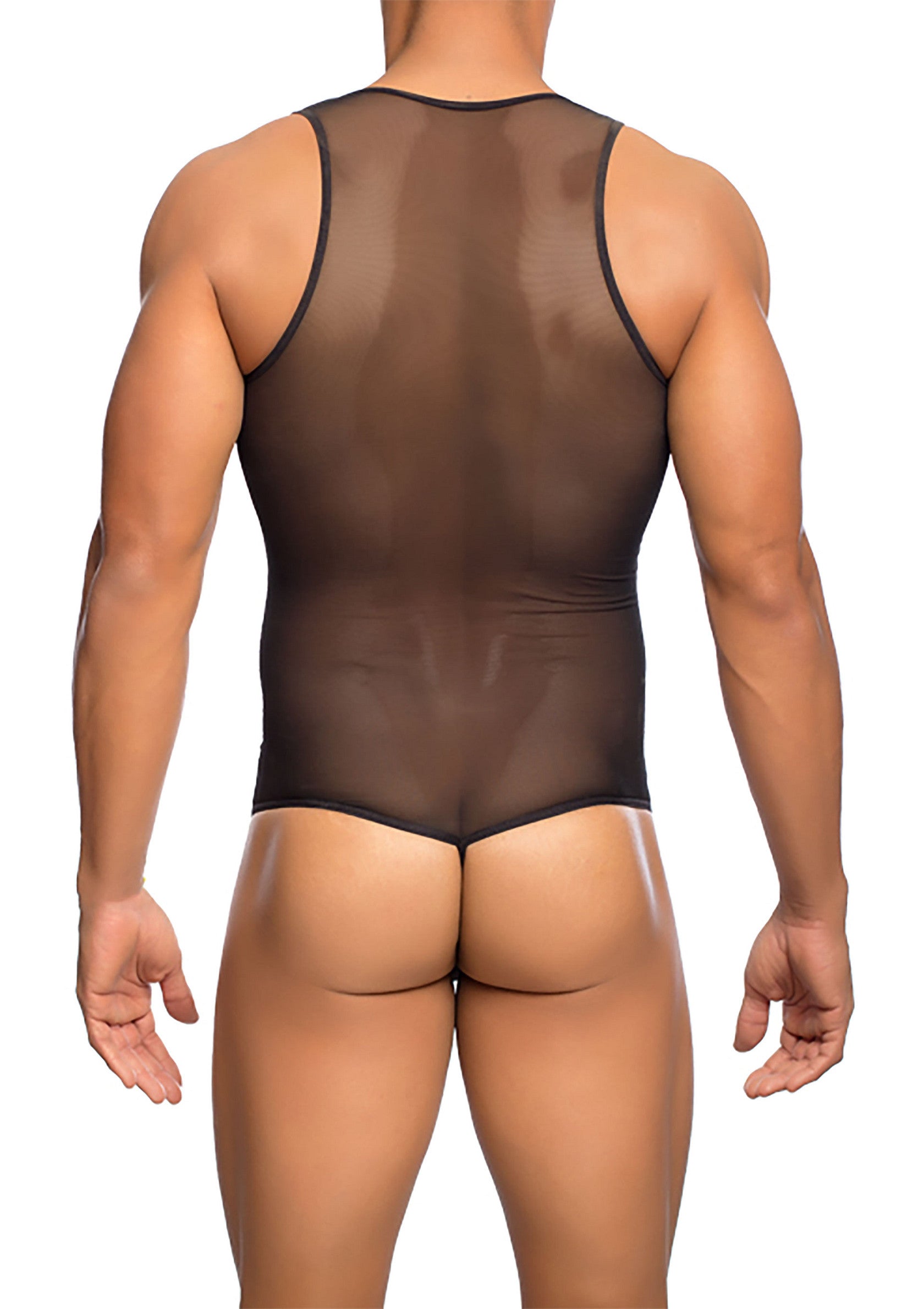 Body pour homme en maille transparente noire. Coupe ajustée et design séduisant pour une silhouette athlétique.; Zwart mesh herenbody. Slanke pasvorm en verleidelijk design voor een atletisch silhouet.; Black mesh men's bodysuit. Slim fit and seductive design for an athletic silhouette.