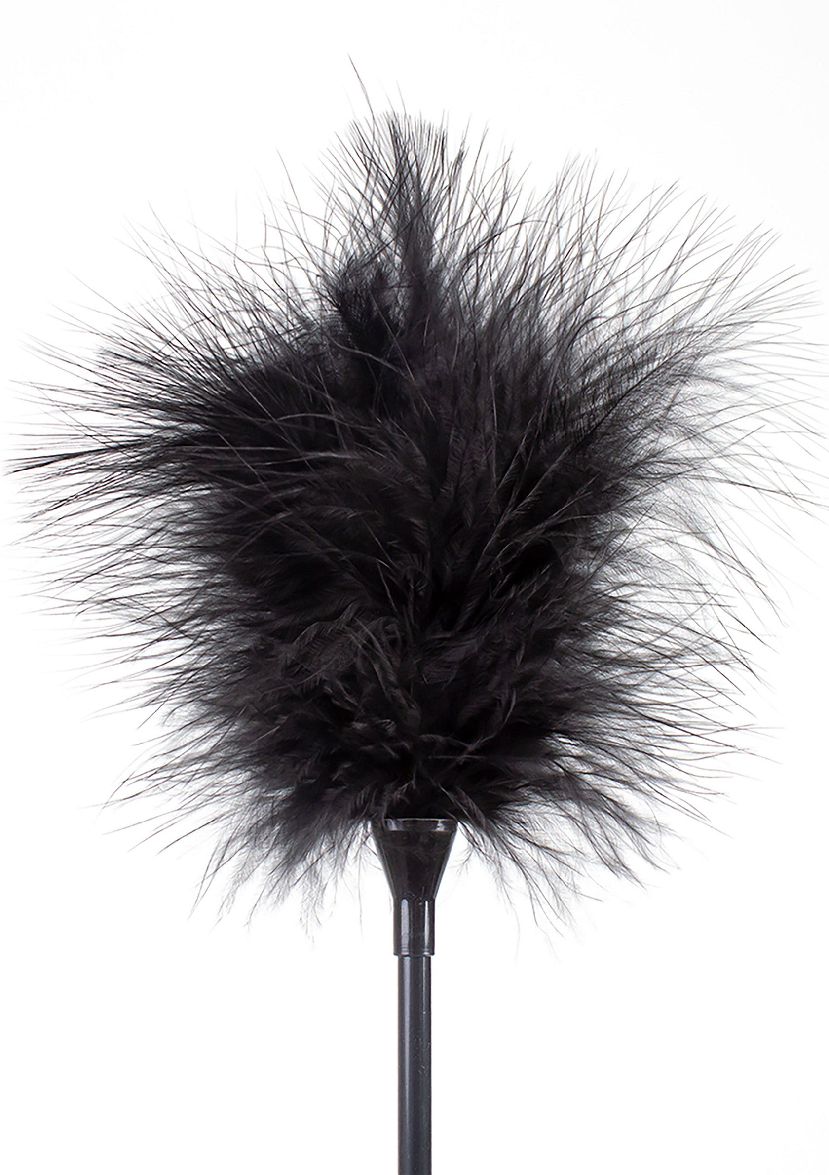 Plumeau en plumes noires pour chatouilles et jeux coquins.; Zwarte veren plumeau voor kietelen en speelse spelletjes.; Black feather tickler for teasing and playful games.