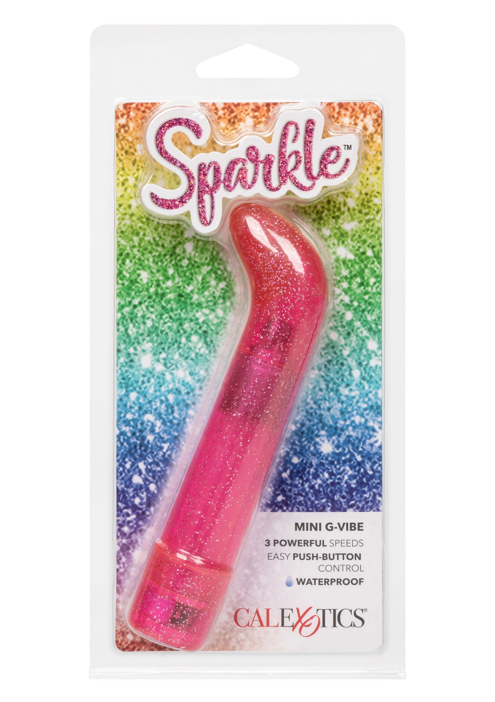 Vibromasseur Mini G-Vibe 'Sparkle' rose pailleté. 3 vitesses, étanche et facile à contrôler.; Roze glitter 'Sparkle' Mini G-Vibe vibrator. 3 snelheden, waterdicht en makkelijk te bedienen.; Pink glitter 'Sparkle' Mini G-Vibe vibrator. 3 speeds, waterproof, and easy push-button control.