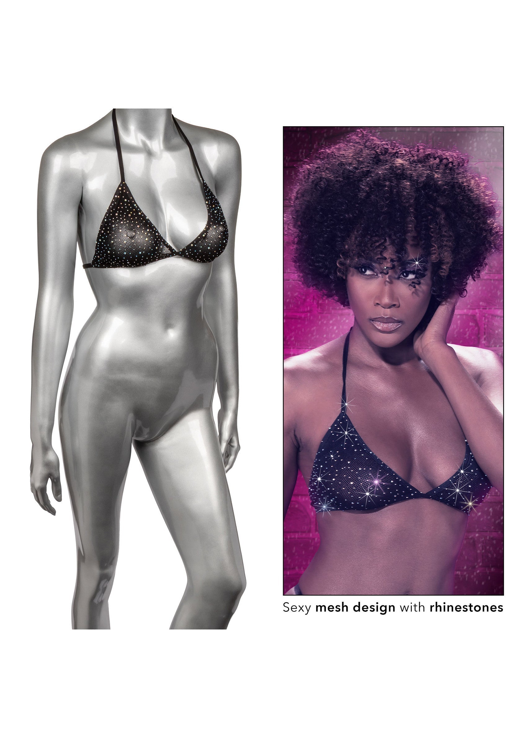 Haut de bikini en maille noire sexy avec strass scintillants. ; Zwarte mesh bikini top met sexy strass steentjes.; Sexy black mesh bikini top with sparkling rhinestones.