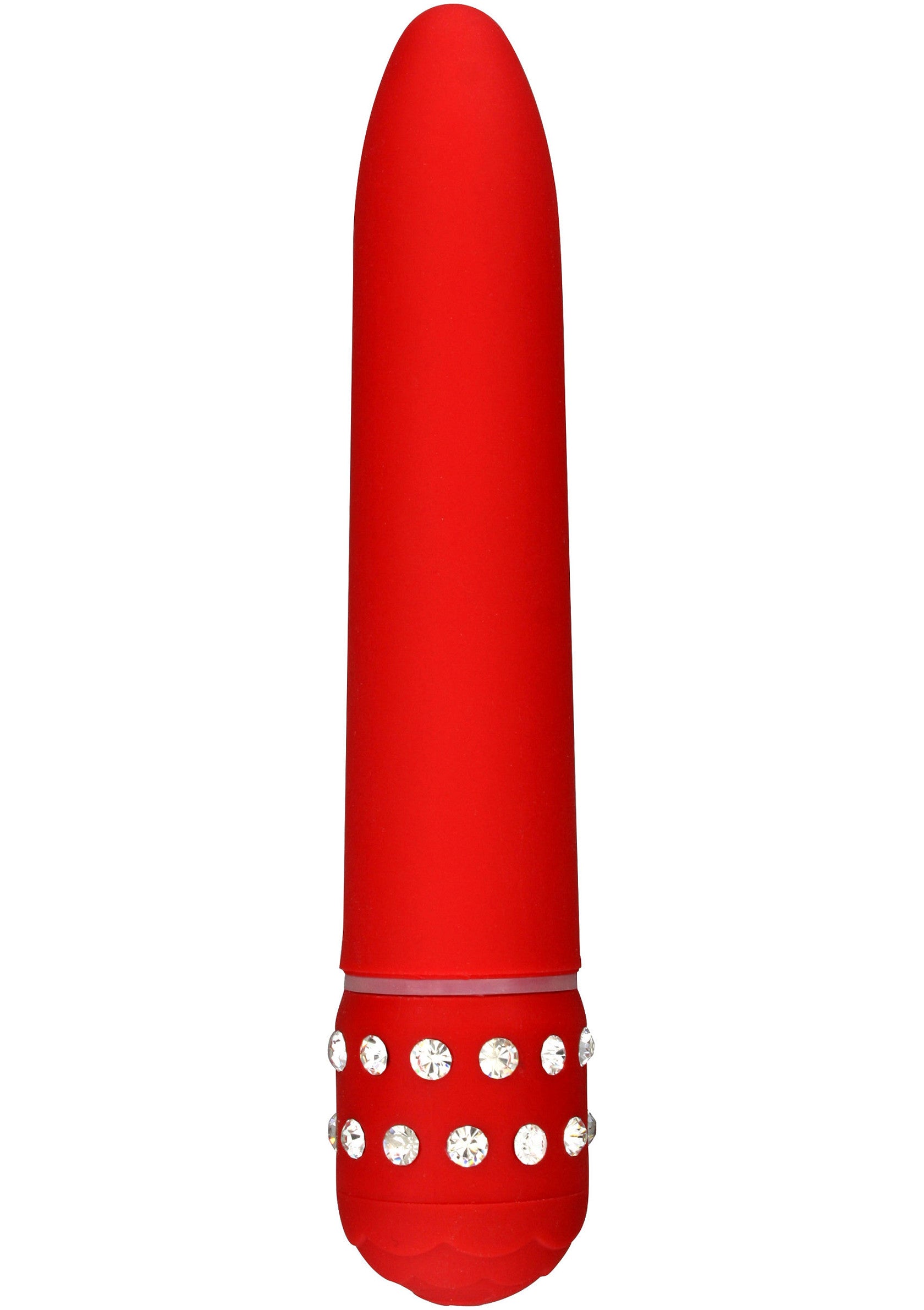 Vibromasseur rouge élégant orné de strass scintillants pour une stimulation intense et glamour.; Elegante rode vibrator versierd met glinsterende strass steentjes voor intense en glamoureuze stimulatie.; Elegant red vibrator adorned with shimmering rhinestones for intense and glamorous stimulation.