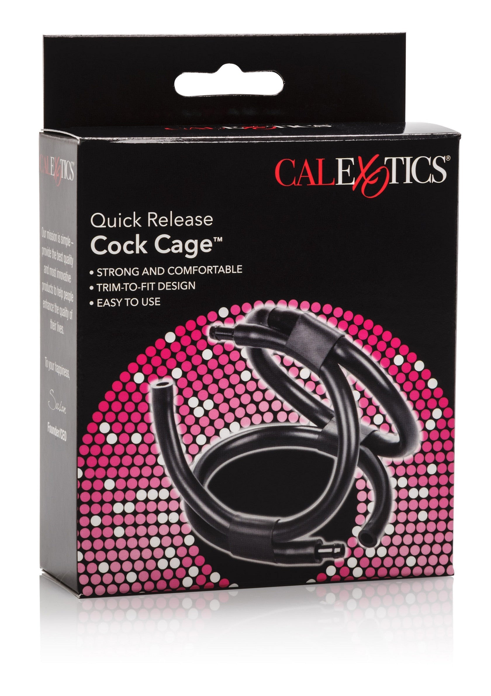 Cage pénienne CalExotics Quick Release. Solide, confortable et ajustable. Facile à utiliser. ; CalExotics Quick Release Cock Cage. Sterk, comfortabel en op maat te maken. Gemakkelijk te gebruiken.; CalExotics Quick Release Cock Cage. Strong and comfortable. Trim-to-fit design. Easy to use.