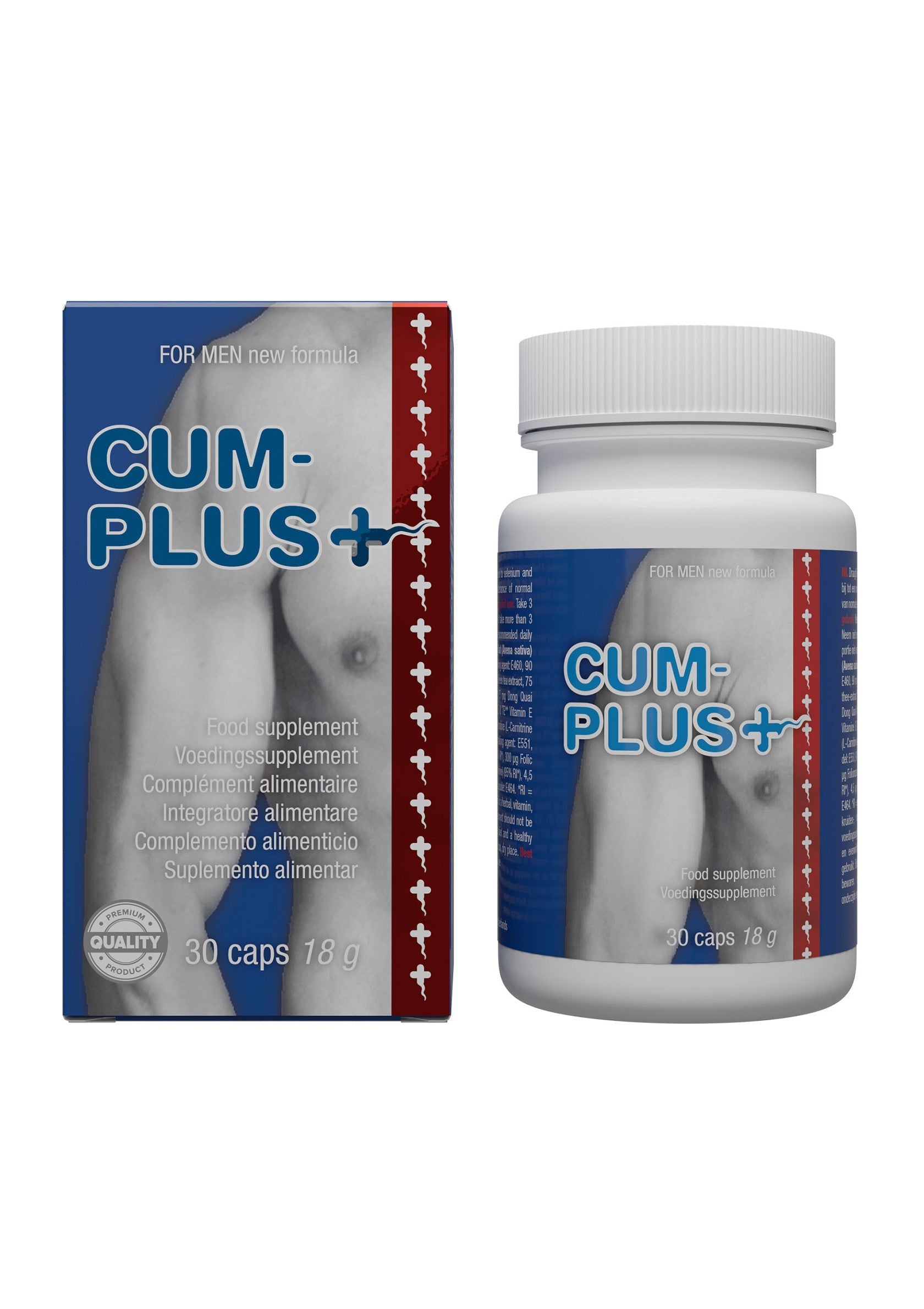 Cum-Plus+, complément alimentaire pour hommes. 30 capsules. Améliorez votre vitalité et votre bien-être.; Cum-Plus+, voedingssupplement voor mannen. 30 capsules. Verbeter uw vitaliteit en welzijn.; Cum-Plus+, food supplement for men. 30 capsules. Boost your vitality and well-being.