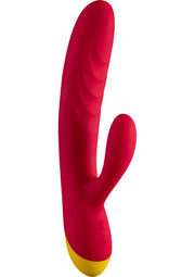 Vibromasseur double stimulation rouge et jaune pour plus de plaisir.; Rode en gele dubbele stimulator vibrator voor extra plezier.; Red and yellow dual stimulator vibrator for extra pleasure.