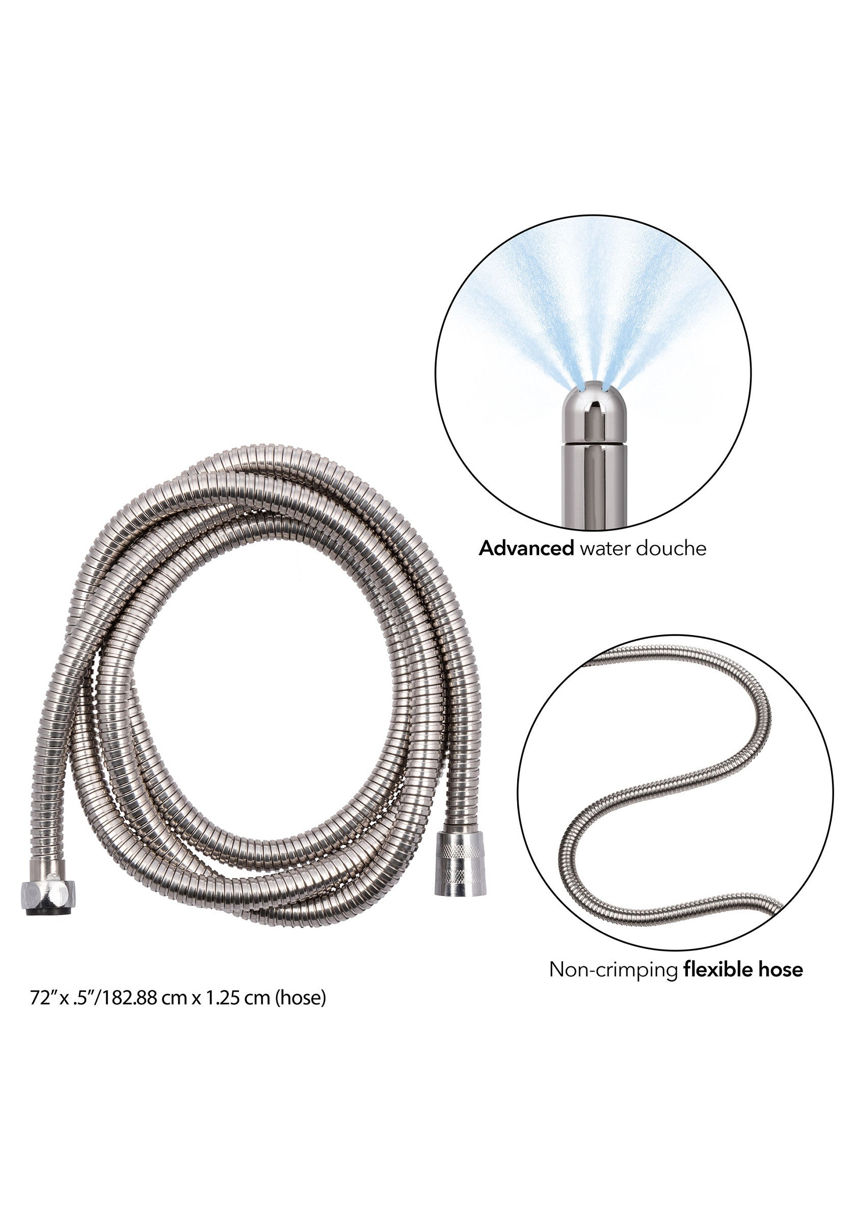 Douchette flexible de 182 cm, idéale pour une hygiène intime optimale. Matériau durable et facile à nettoyer.; Flexibele douchekop van 182 cm, ideaal voor optimale intieme hygiëne. Duurzaam en makkelijk schoon te maken materiaal.; 182cm flexible shower hose, ideal for optimum intimate hygiene. Durable and easy to clean material.