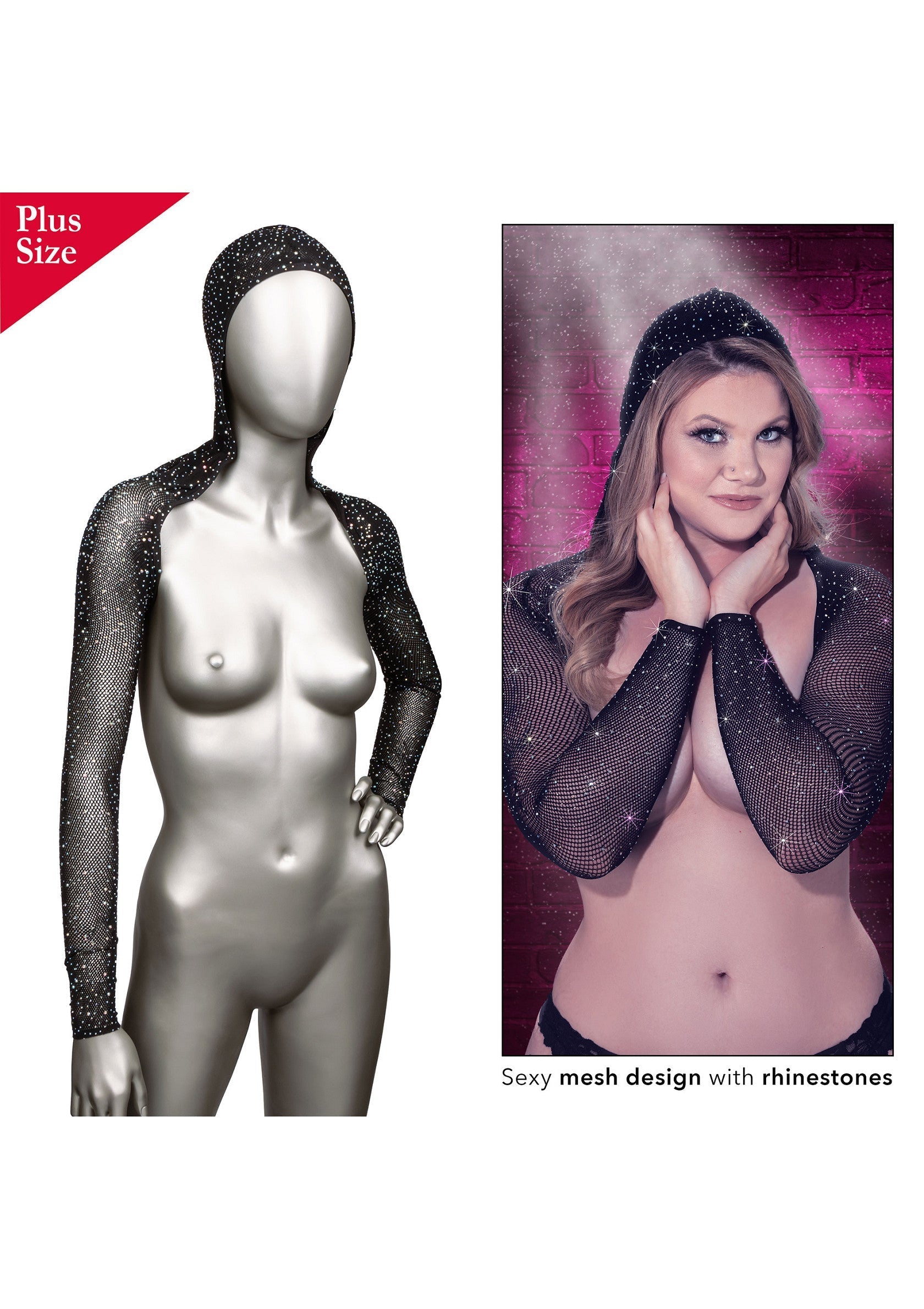 Haut en résille sexy avec strass et capuche. Disponible en taille plus.; Sexy mesh top met strasssteentjes en capuchon. Verkrijgbaar in grote maten.; Sexy mesh top with rhinestones and hood. Plus size available.