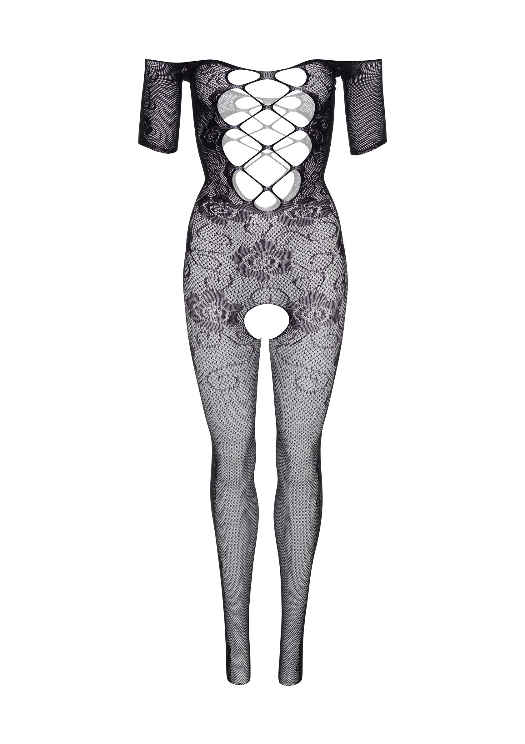 Body noir en résille avec motif floral, épaules dénudées et ouvertures séduisantes.; Zwart visnet body met bloemenmotief, blote schouders en verleidelijke openingen.; Black fishnet bodysuit with floral pattern, off-the-shoulder design, and provocative cutouts.