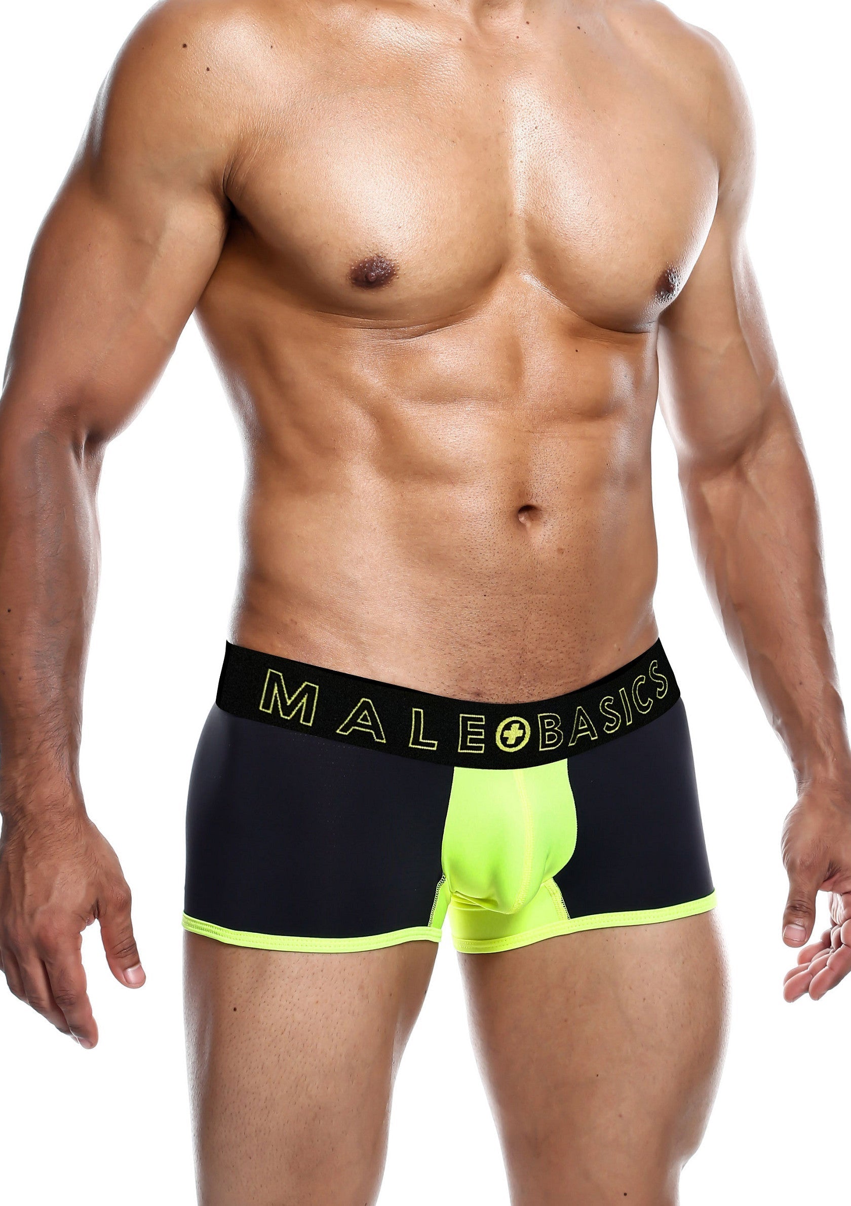 Boxer noir et jaune citron pour homme, de la marque Male Basics. Confort et style garantis.; Zwart met citroengeel gestreepte herenboxer van Male Basics. Gegarandeerd comfort en stijl.; Black & neon yellow men's boxer briefs from Male Basics. Comfort and style guaranteed.