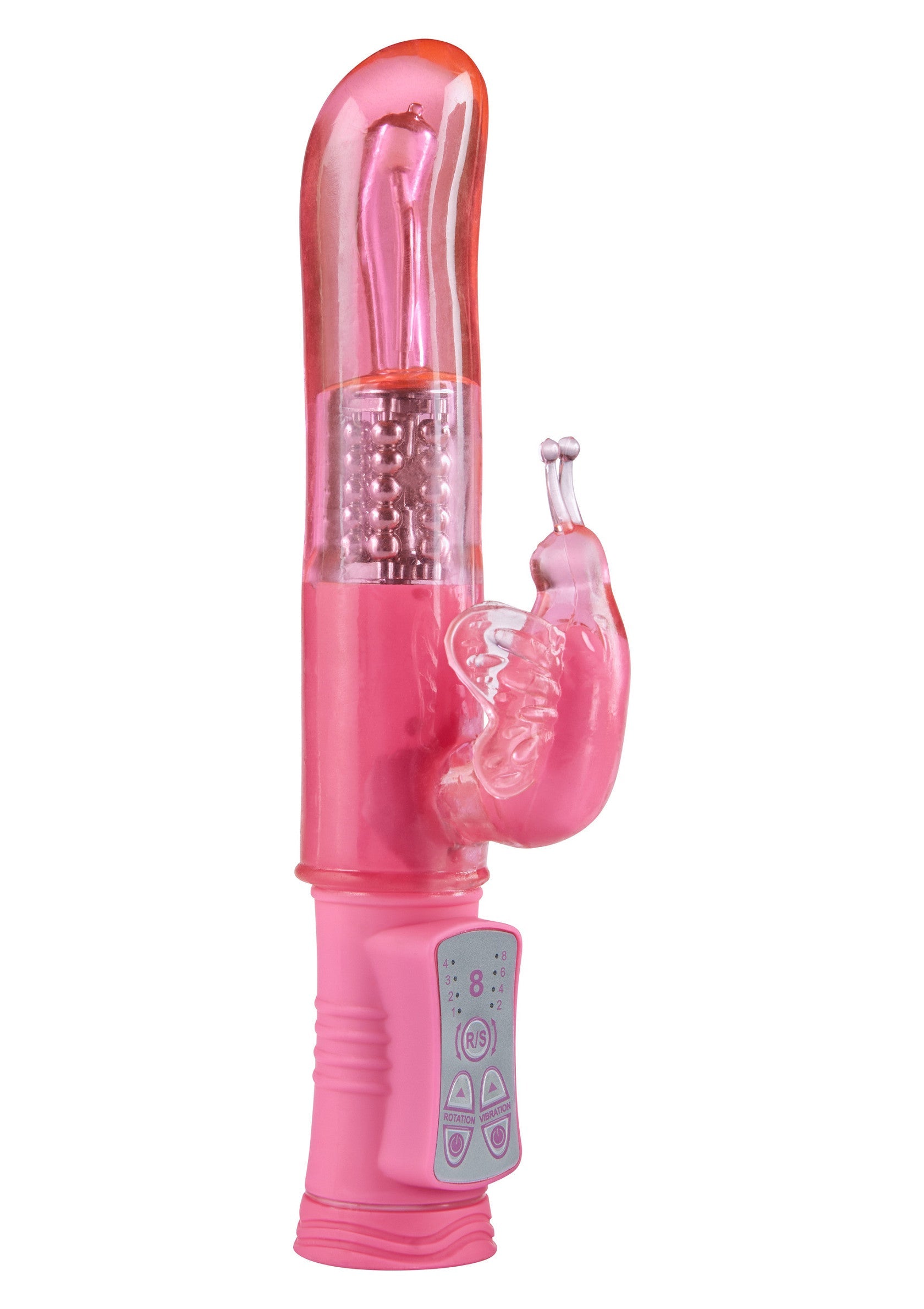 Vibromasseur rose vibrant avec double stimulation pour des sensations intenses et variées.; Roze vibrator met dubbele stimulatie voor intense en gevarieerde sensaties.; Vibrating pink vibrator with dual stimulation for intense and varied sensations.
