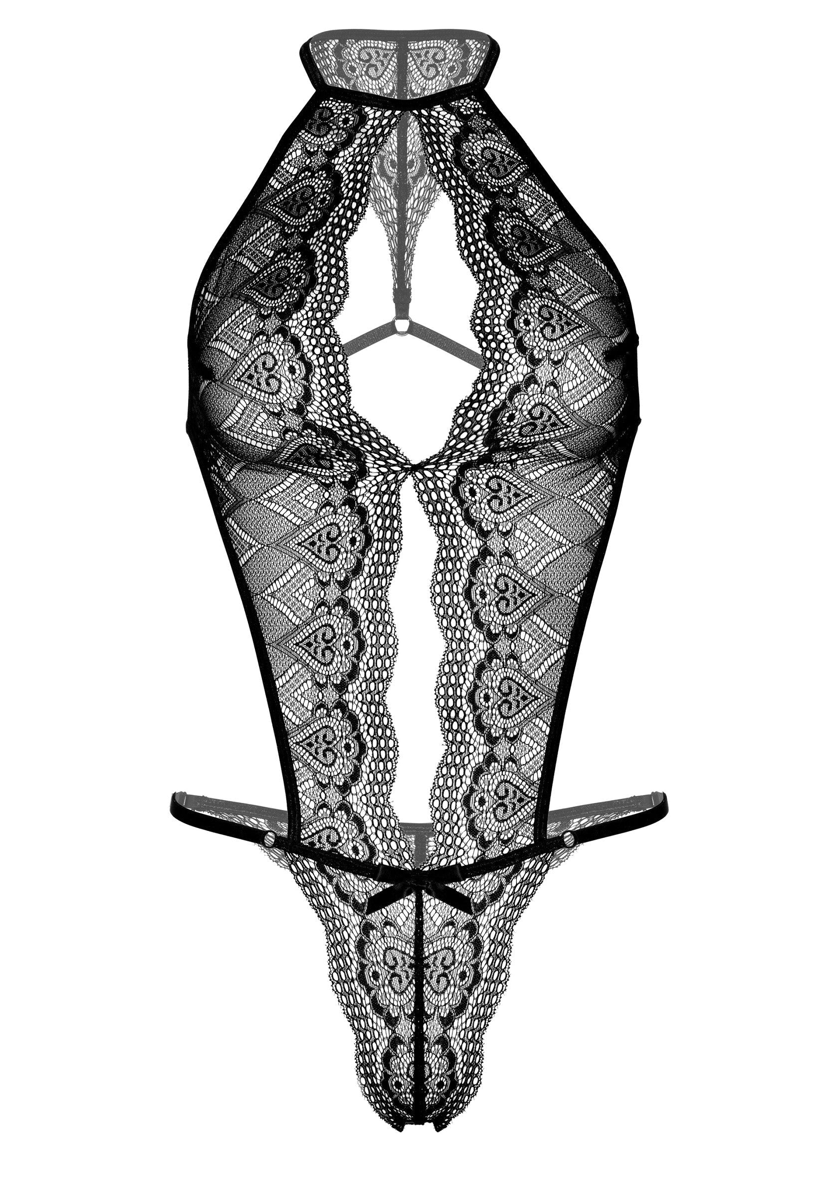 Body en dentelle noire élégant. Lingerie audacieuse et sexy pour une touche de glamour.; Elegante zwarte kanten bodysuit. Uitdagende, sexy lingerie voor een vleugje glamour.; Elegant black lace bodysuit. Daring, sexy lingerie for a touch of glamour.