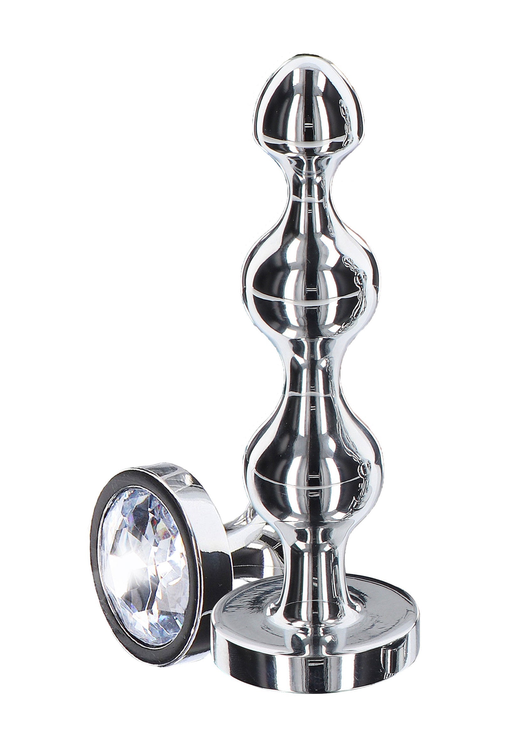 Plug anal en métal chromé avec bijou brillant pour une stimulation intense.; Chromen metalen anale plug met heldere juweel voor intense stimulatie.; Chrome metal butt plug with bright jewel for intense stimulation.