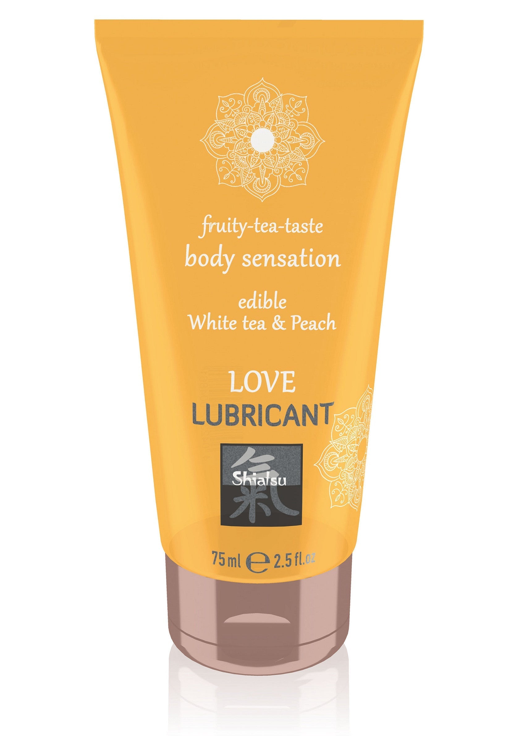 Lubrifiant comestible Shiatsu Love, thé blanc et pêche. Sensation fruitée et douce pour le corps. Tube de 75 ml.; Eetbare Shiatsu Love glijmiddel met witte thee en perzik. Fruitige body sensation. Tube van 75ml.; Shiatsu Love edible lubricant with white tea & peach. Fruity-tea taste body sensation. 75ml tube.